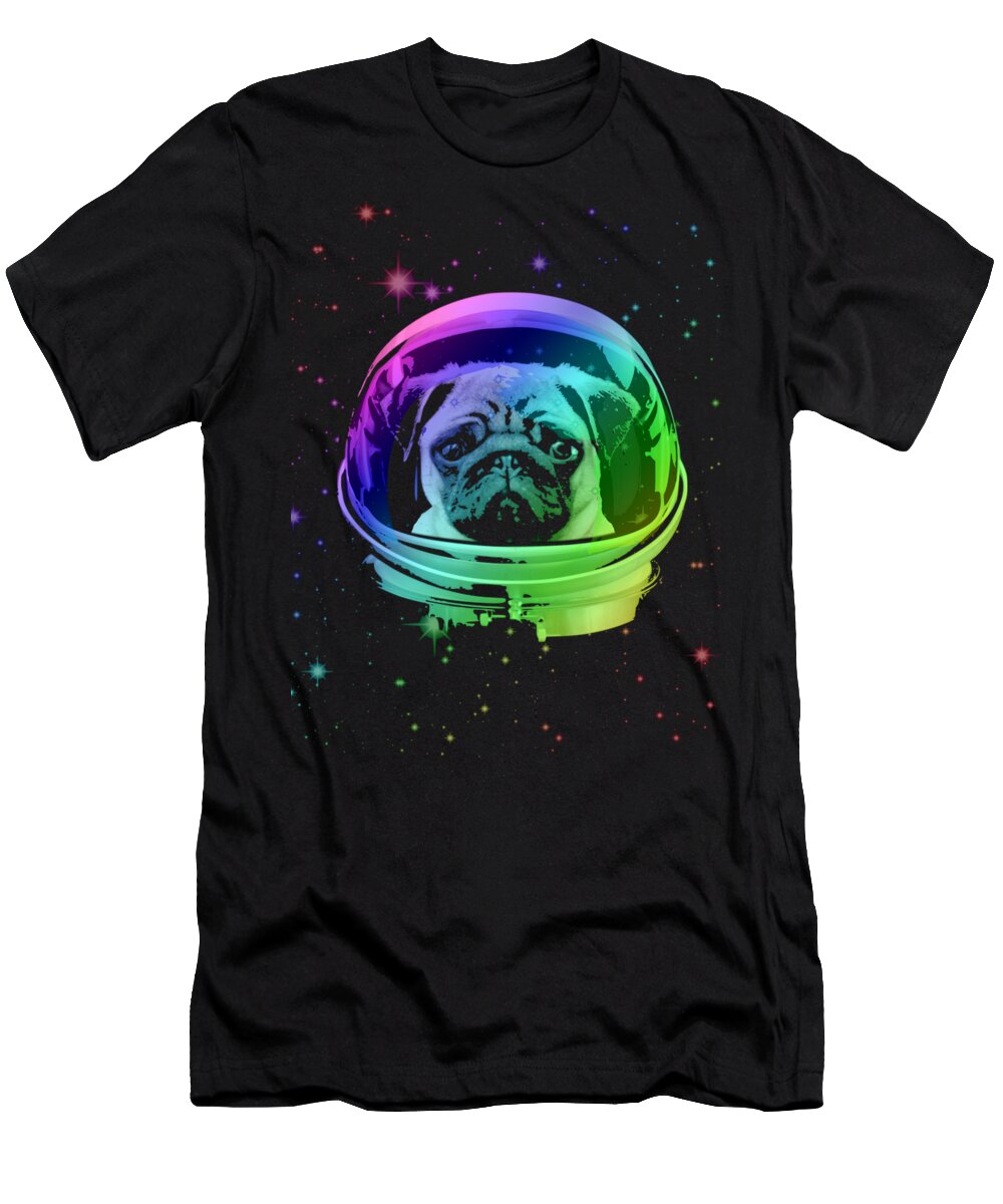 Pug T-Shirt featuring the mixed media Space Pug by Megan Miller