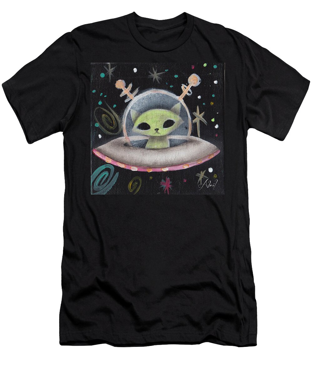 Mid Century Modern T-Shirt featuring the painting Space Ship Green Cat by Abril Andrade