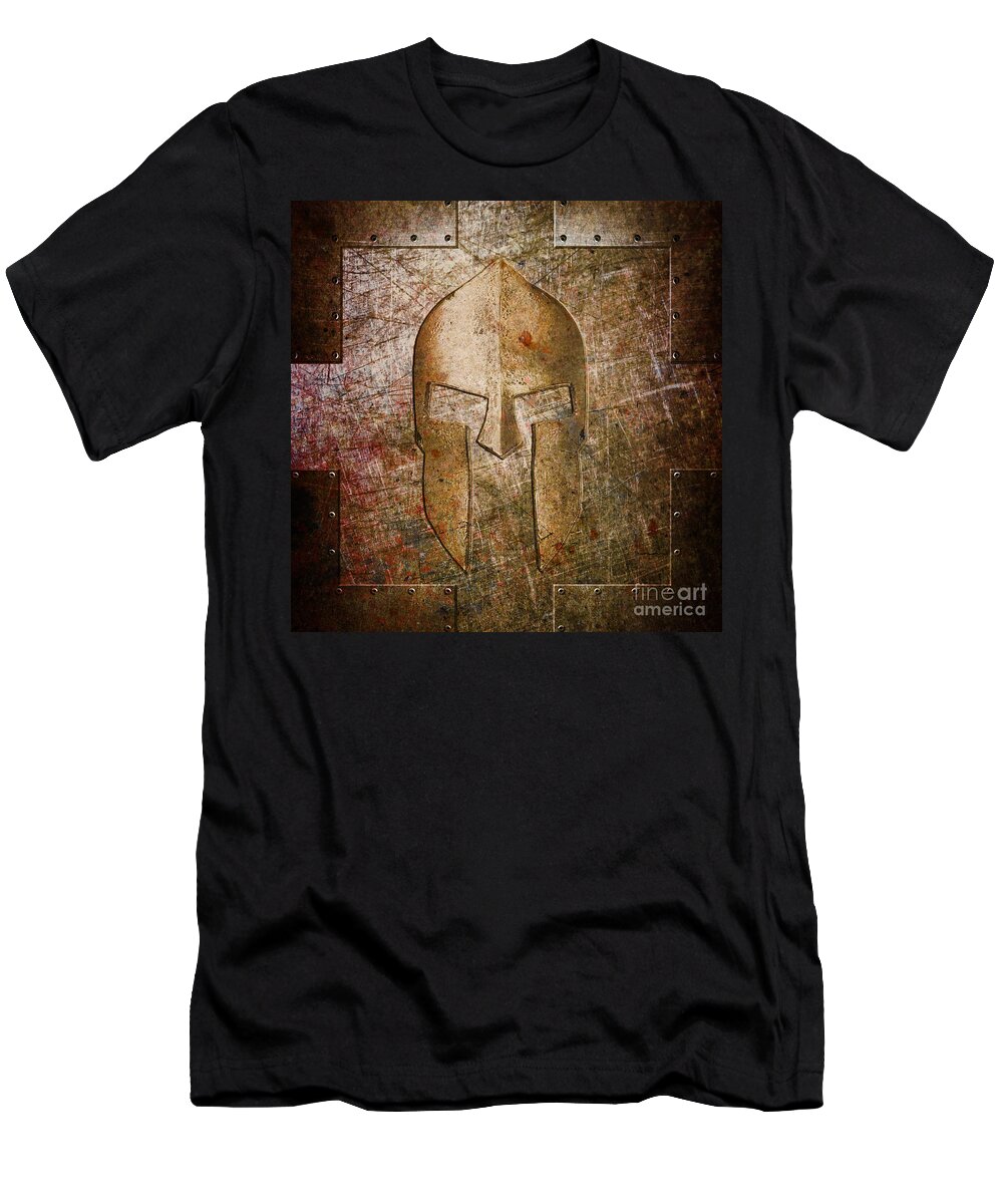 Molon Labe T-Shirt featuring the digital art Spartan Helmet on Metal Sheet with Copper Hue by Fred Ber