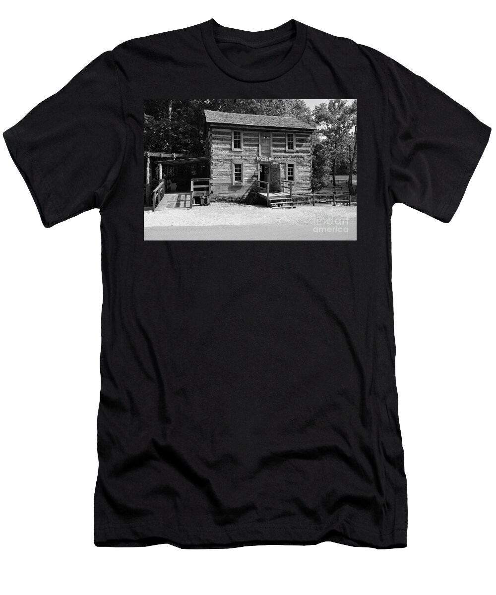 Log Buildings T-Shirt featuring the photograph Squire Boone's Mill black and white by Stacie Siemsen