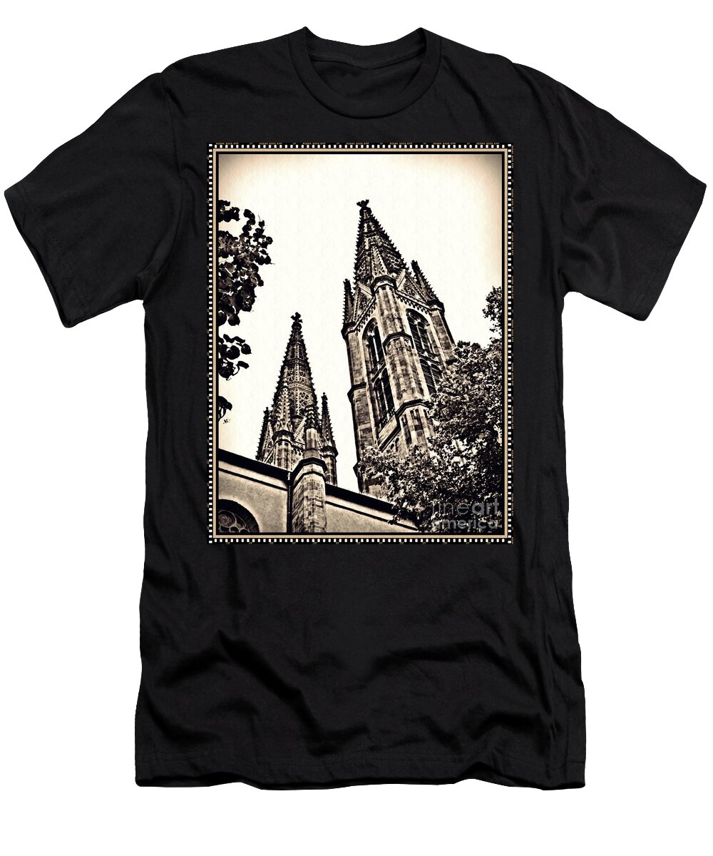Church T-Shirt featuring the photograph St Boniface Church Towers Sepia by Sarah Loft