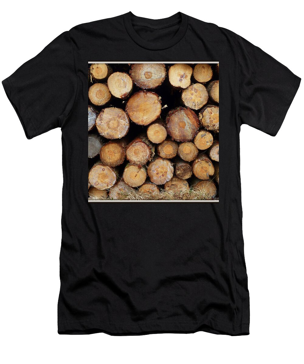Logs.trees.woodpile.timber T-Shirt featuring the photograph Stacked Timber Two by Gordon James