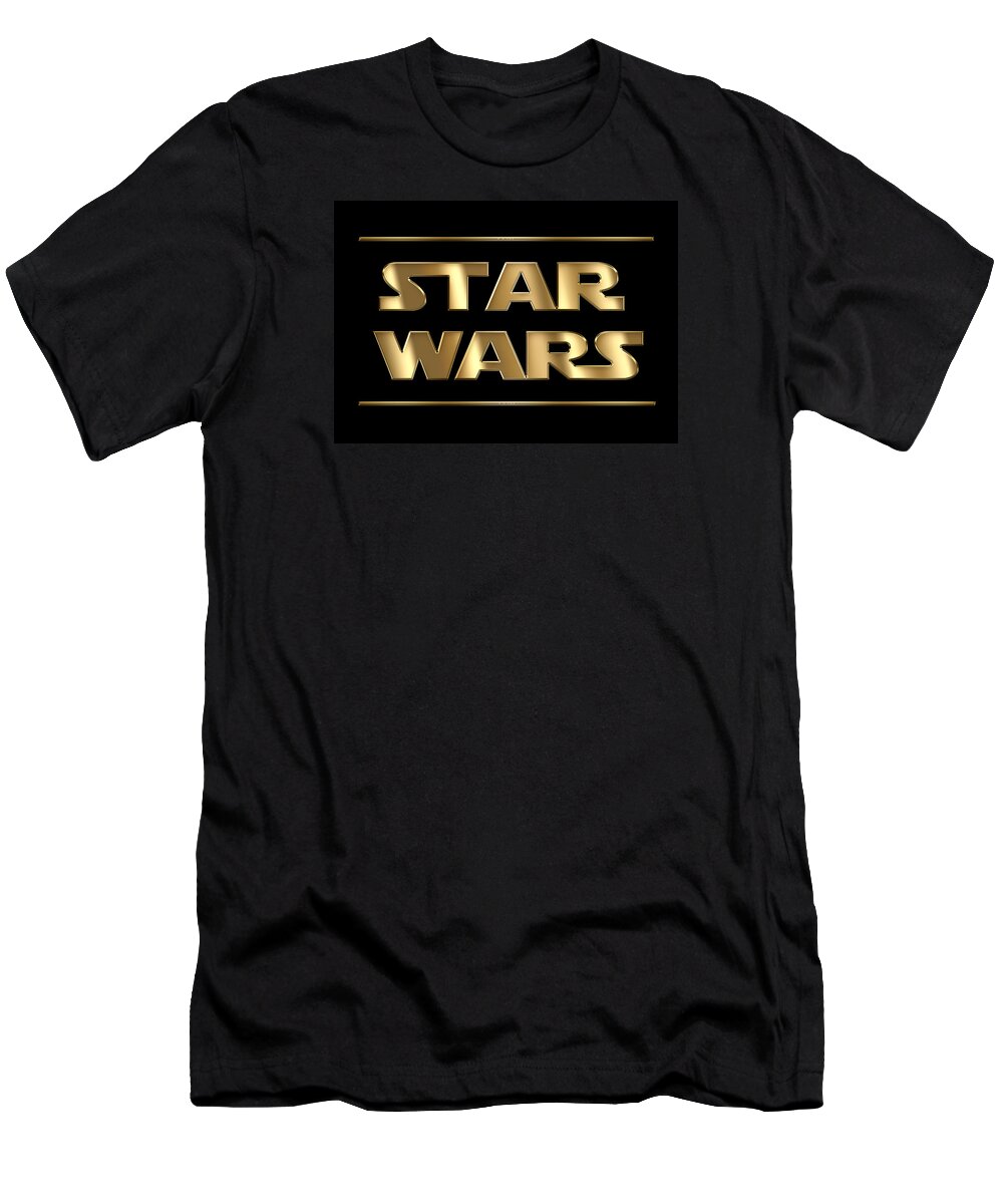 Star Wars Script Design T-Shirt featuring the painting Star Wars Golden Typography on Black by Georgeta Blanaru