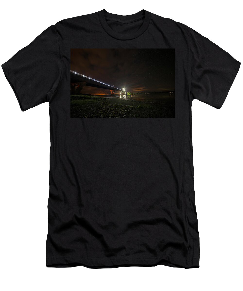 New T-Shirt featuring the photograph Starry Sky over the New York to Vermont bridge Lake Champlain by Toby McGuire