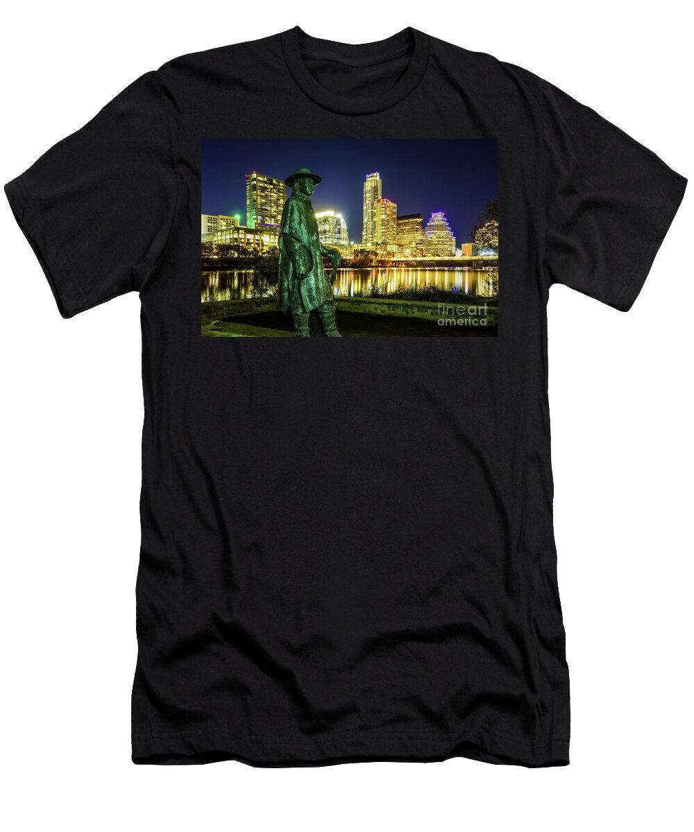 1st T-Shirt featuring the photograph Stevie Ray Vaughan Statue with Austin TX Skyline by Paul Velgos