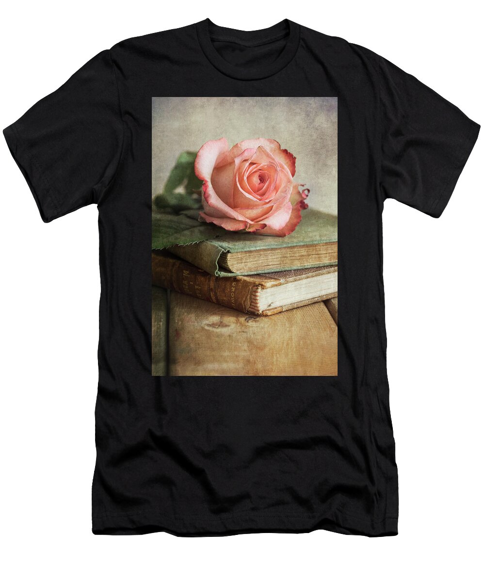 Still Life T-Shirt featuring the photograph Still life with pink rose and old books by Jaroslaw Blaminsky