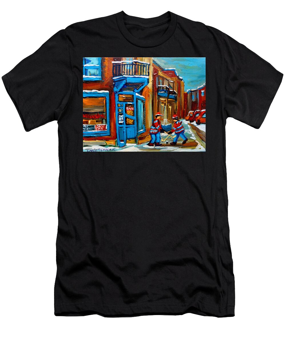 Montreal T-Shirt featuring the painting Street Hockey At Wilensky's Montreal by Carole Spandau