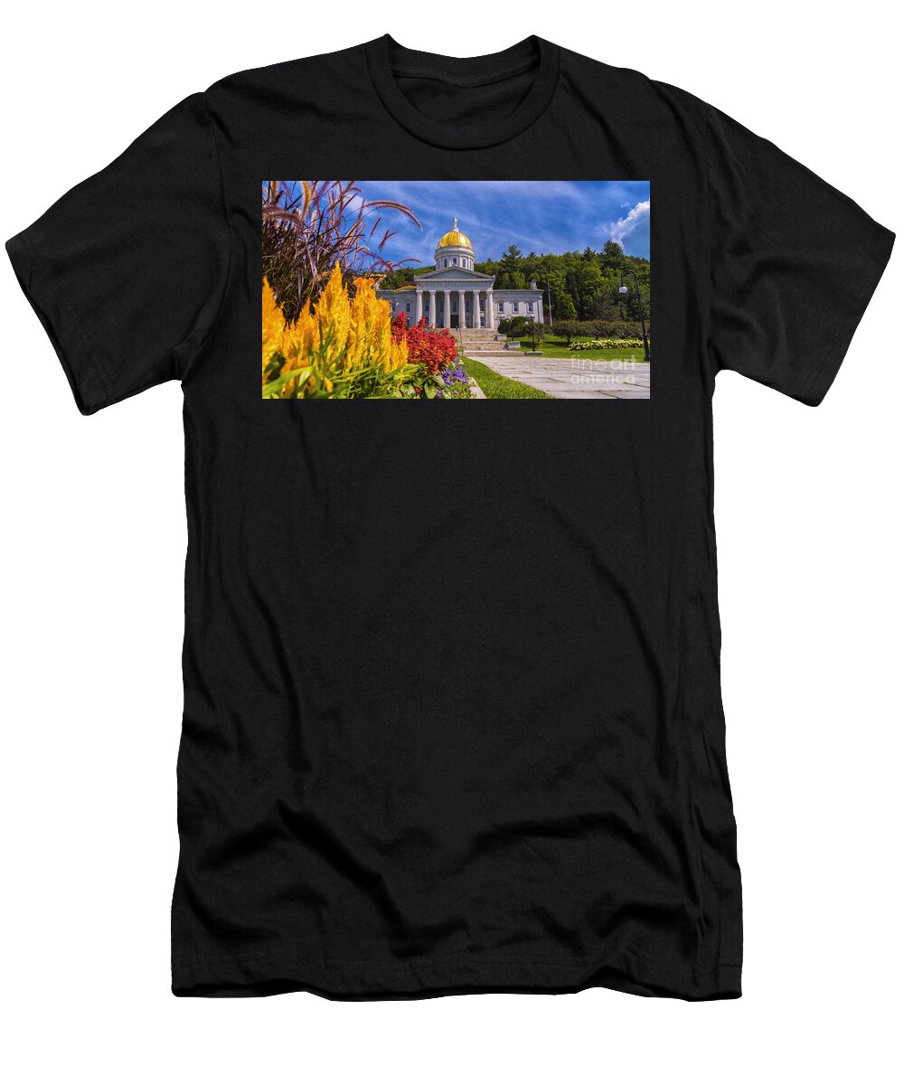 Vermont; New England; Montpelier Vermont; Vermont Statehouse; Summer; Green Mountains; Scenic Vermont Photography; Scenic Vermont T-Shirt featuring the photograph Summer flowers by Scenic Vermont Photography