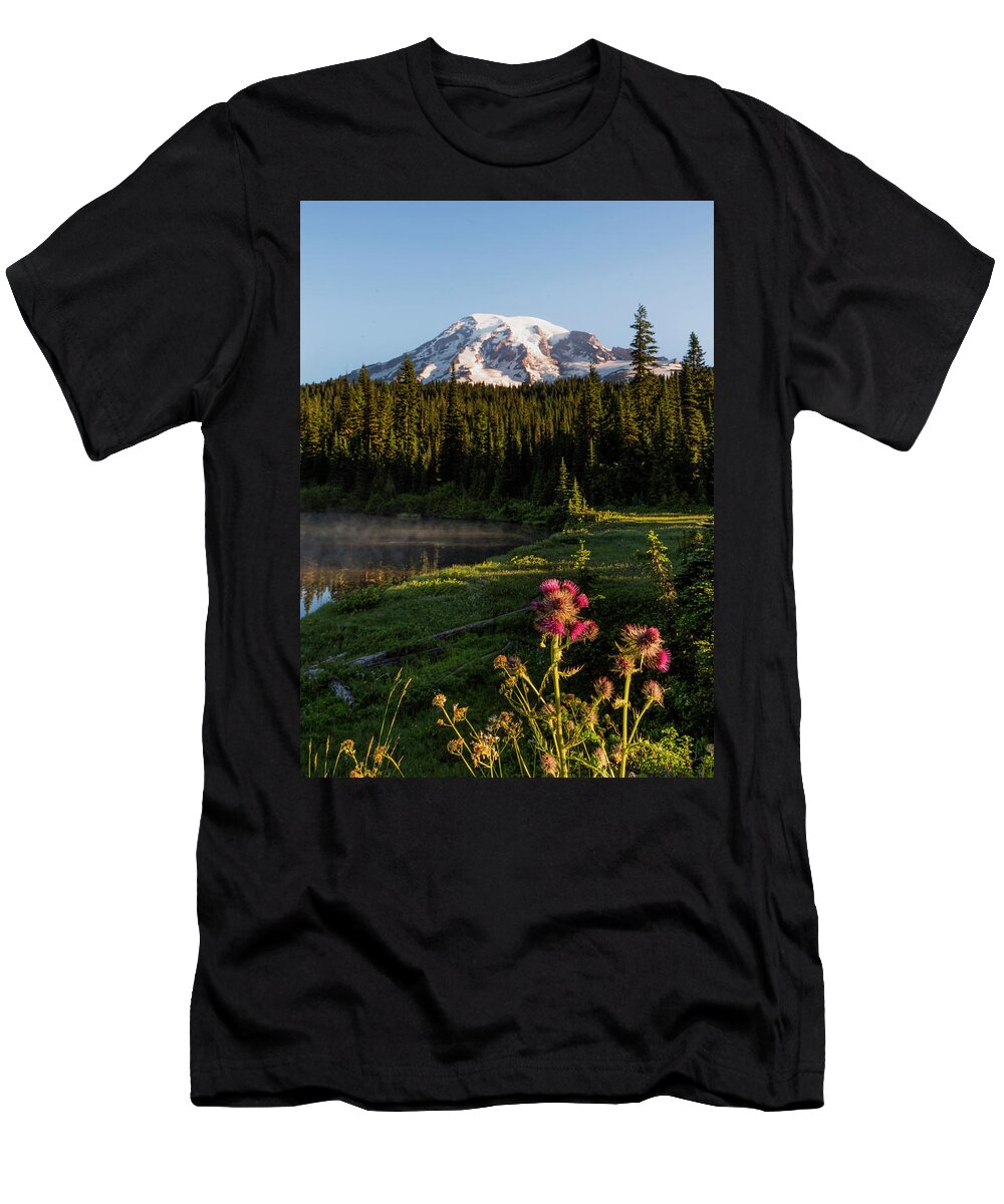 Sunrise T-Shirt featuring the digital art Summer morning at Mt Rainier by Michael Lee