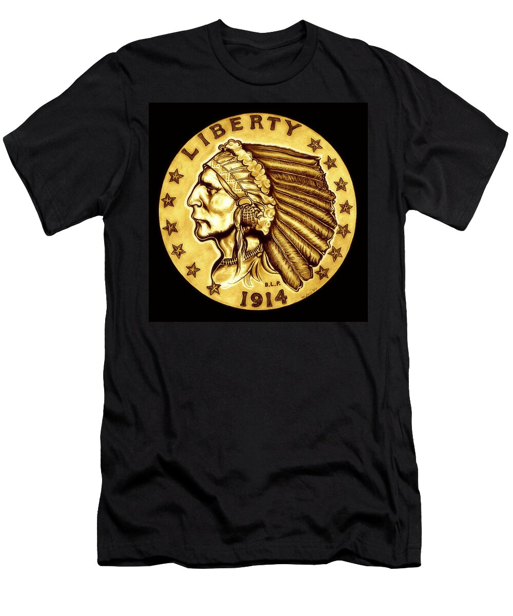 Indian Head T-Shirt featuring the drawing Sunflower Gold Quarter Eagle by Fred Larucci