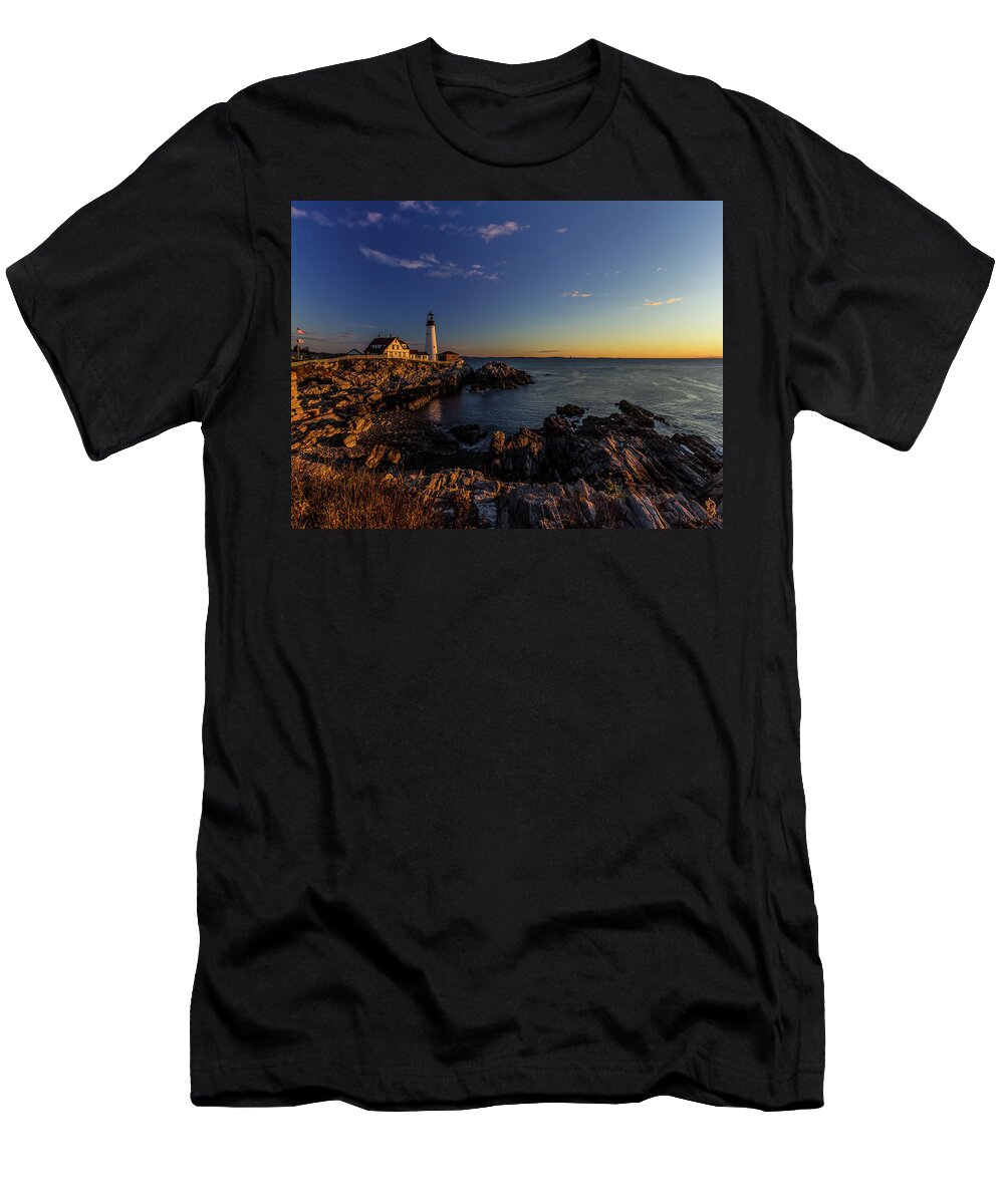 Sun T-Shirt featuring the photograph Sunrise at Portland Headlight by Darryl Hendricks
