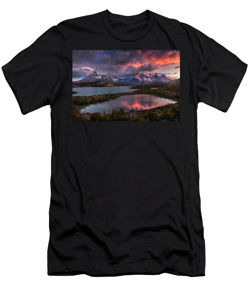 Chile T-Shirt featuring the photograph Sunrise spectacular at Torres Del Paine. by Usha Peddamatham