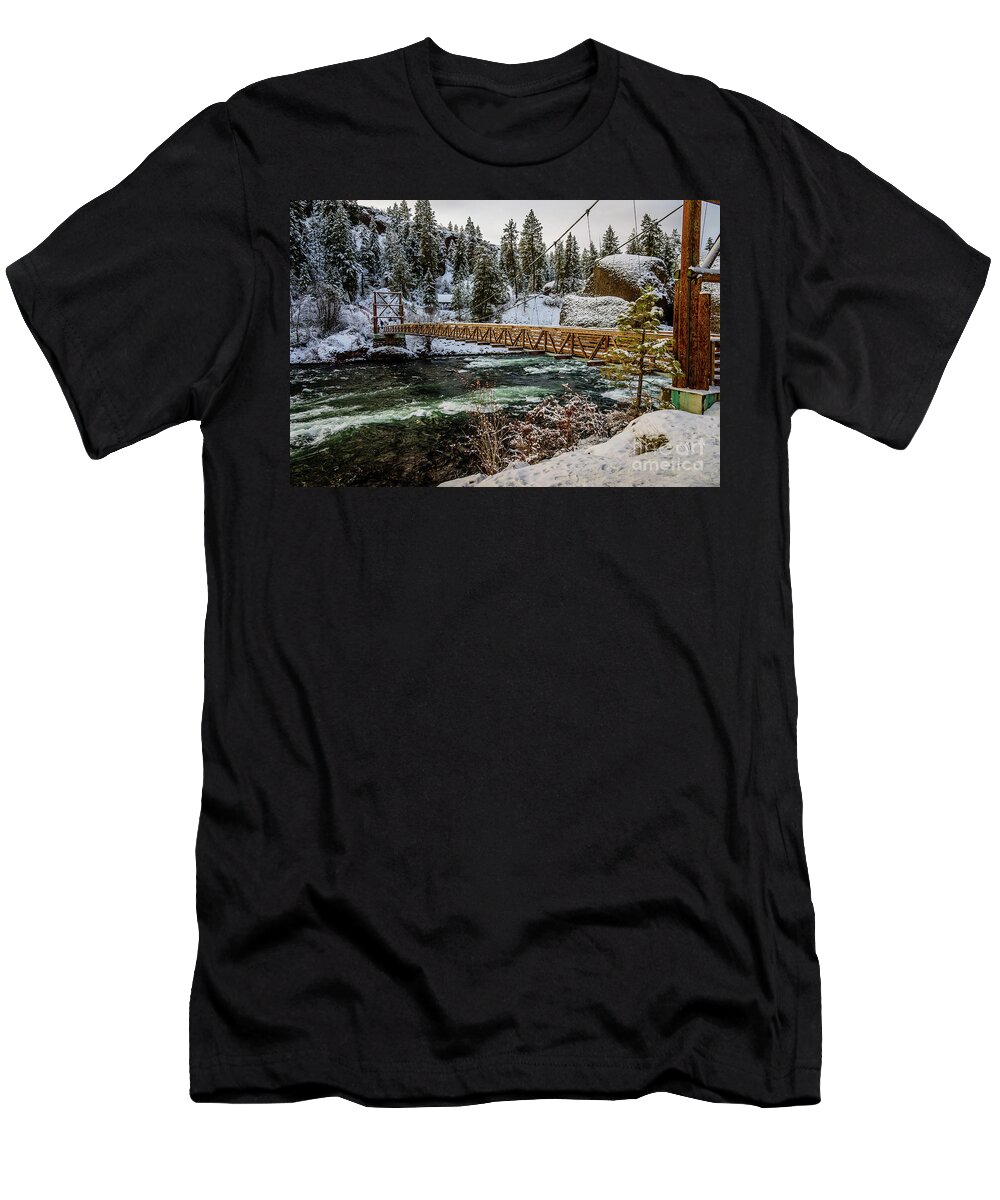 Snow T-Shirt featuring the photograph Swinging Bridge by Sam Judy