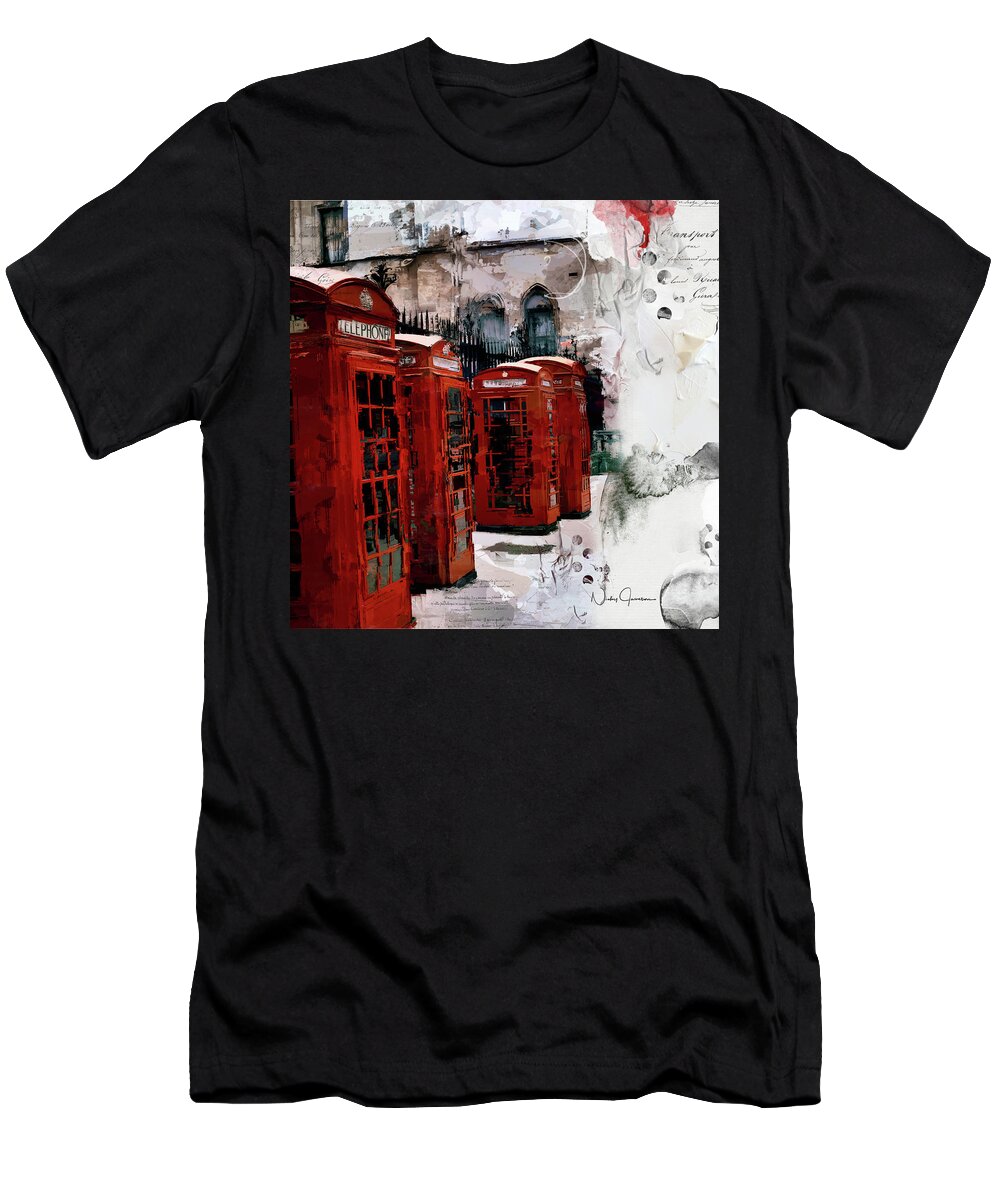 London T-Shirt featuring the digital art Telephone Boxes by Nicky Jameson