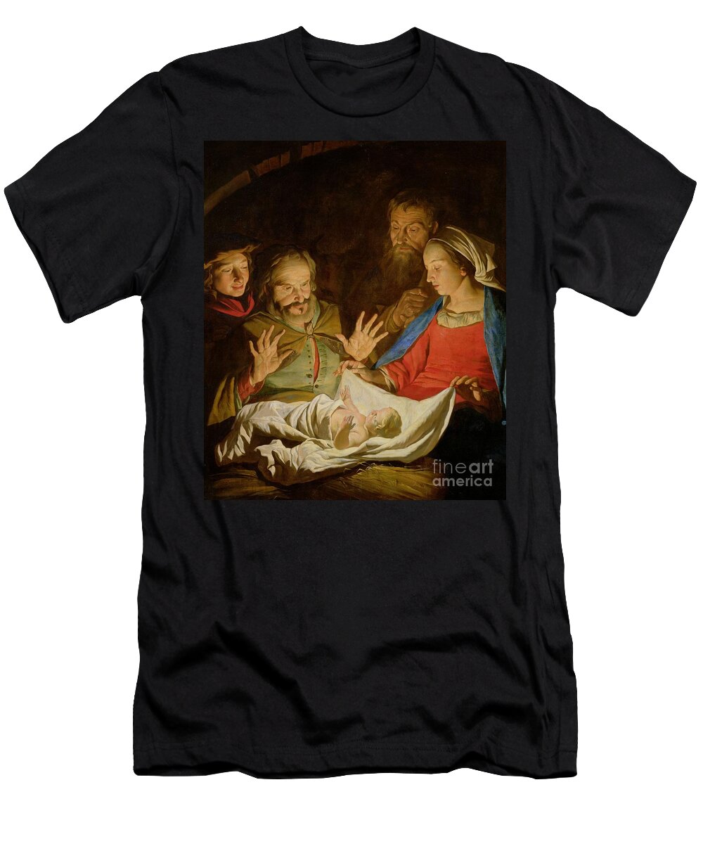 The Adoration Of The Shepherds (oil On Canvas) T-Shirt featuring the painting The Adoration of the Shepherds by Matthias Stomer