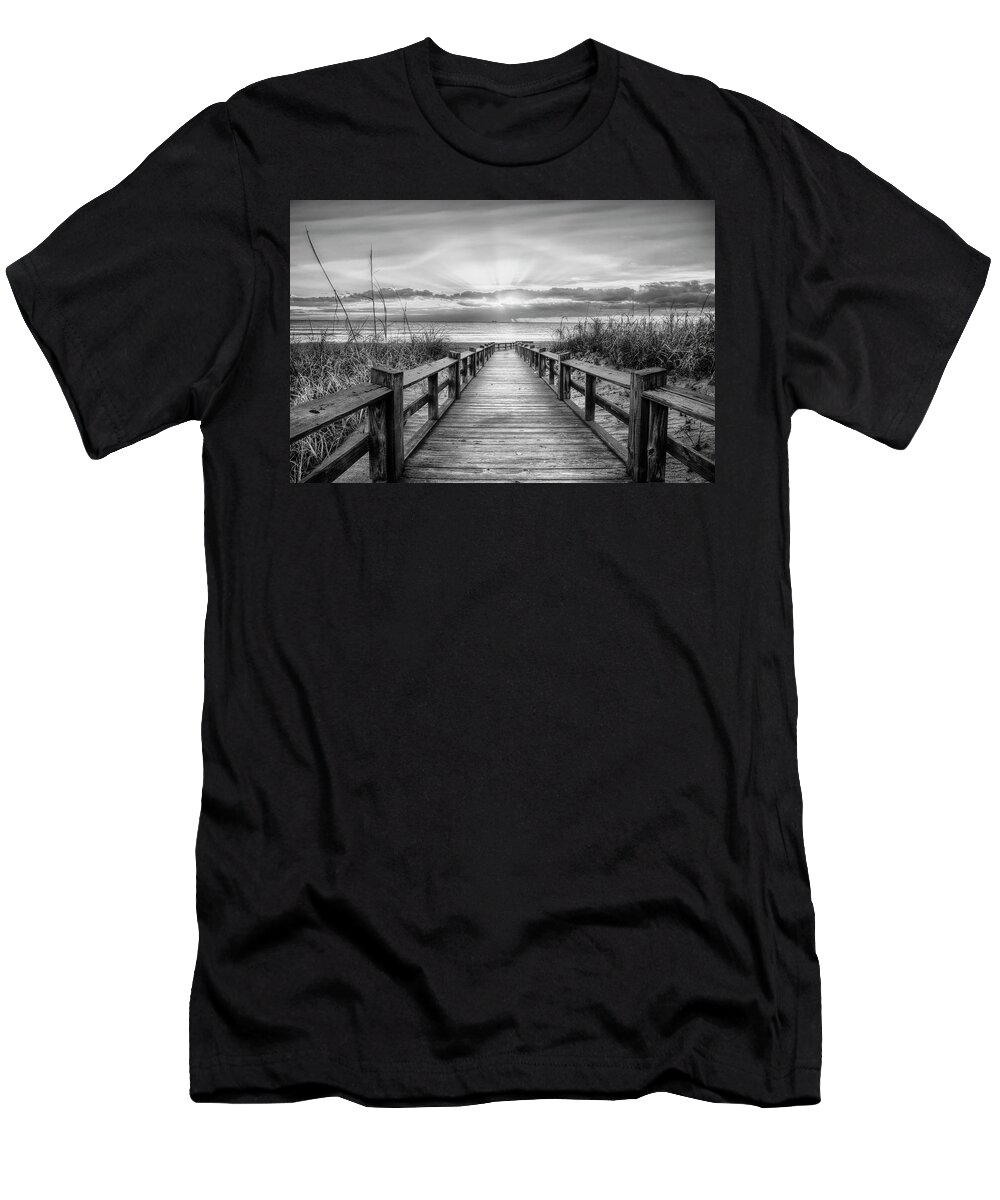 Black T-Shirt featuring the photograph The Beach is Calling Black and White by Debra and Dave Vanderlaan