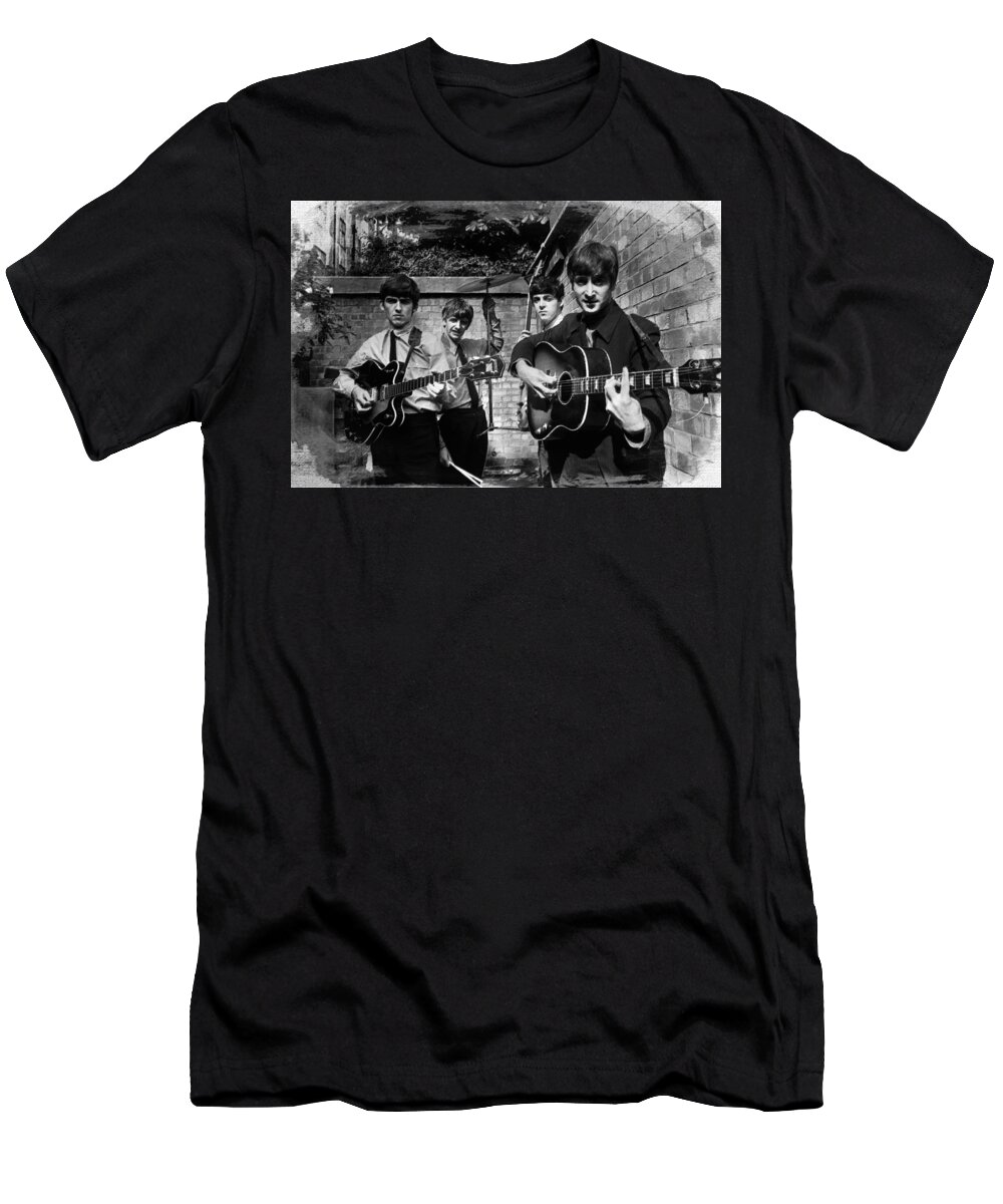 The Beatles T-Shirt featuring the painting The Beatles In London 1963 Black And White Painting by Tony Rubino