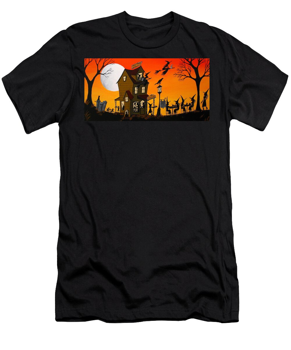 Art T-Shirt featuring the painting The Crow Cafe - Halloween witch cat folk art by Debbie Criswell