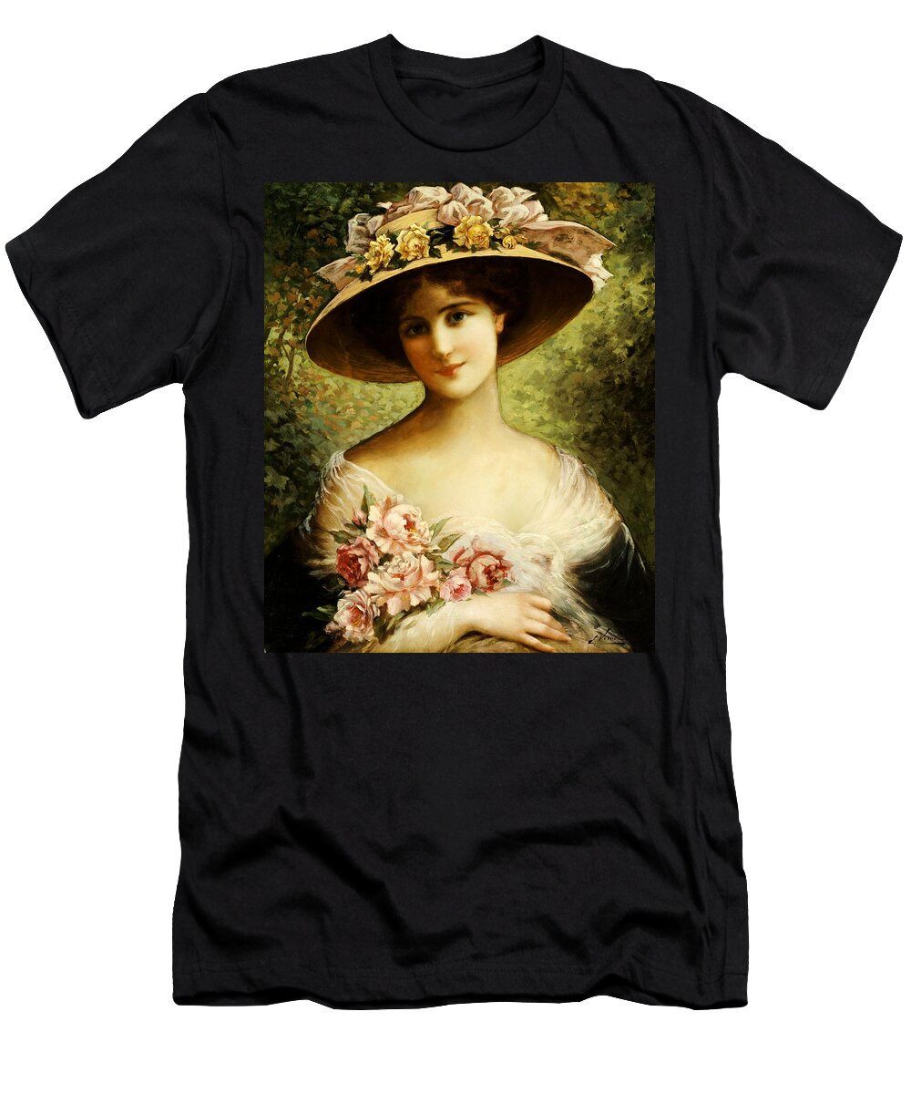The Fancy Bonnet (oil On Canvas) By Emile Vernon (1872-1919) Rose T-Shirt featuring the painting The Fancy Bonnet by Emile Vernon