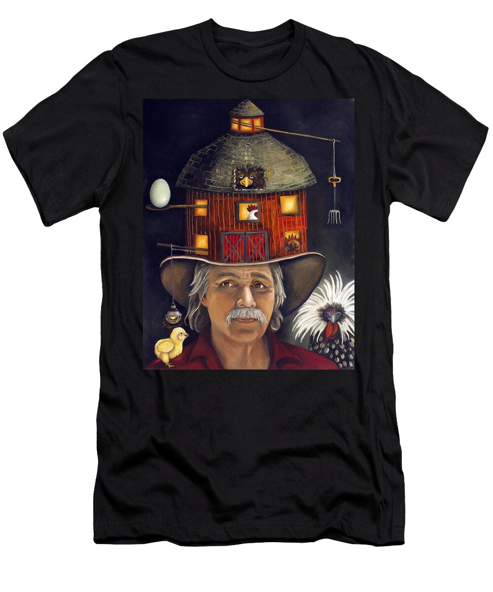 Rooster T-Shirt featuring the painting The Farmer by Leah Saulnier The Painting Maniac