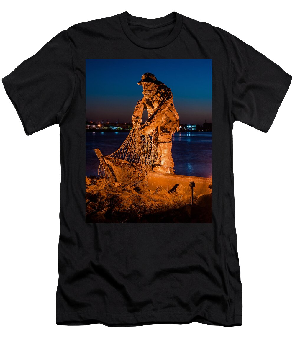 The Fisherman T-Shirt featuring the photograph The Fisherman after Nightfall by Greg Nyquist