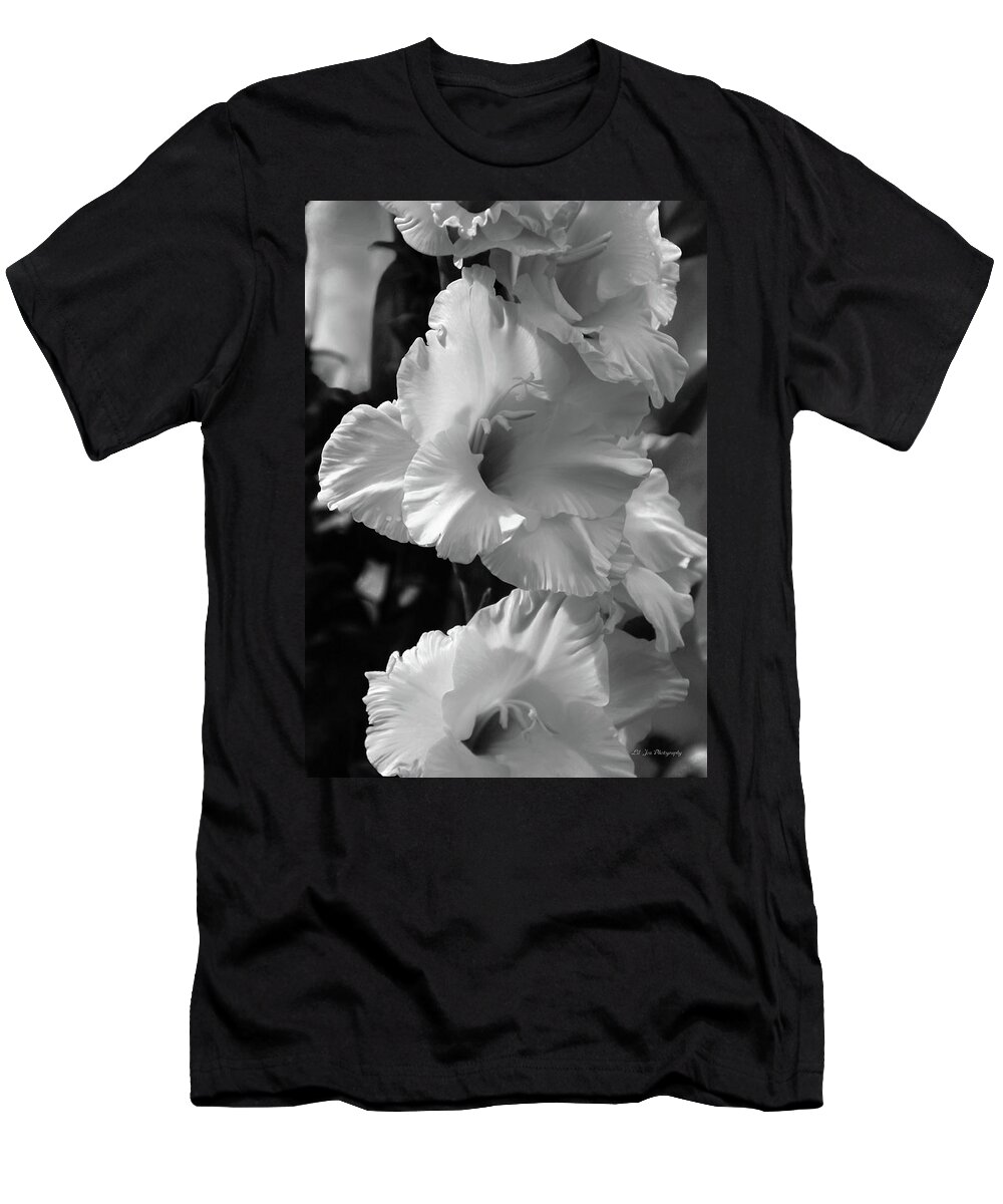 Gladiolus T-Shirt featuring the photograph The Gladiolus In Black And White by Jeanette C Landstrom