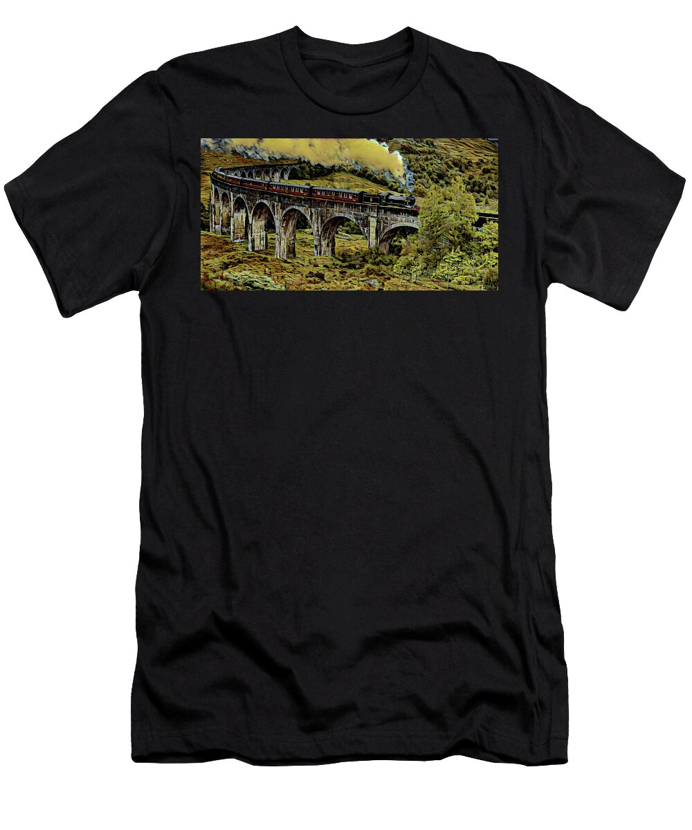 Jocobrite T-Shirt featuring the digital art The Jacobrite at Glenfinnan Viaduct by Russ Harris