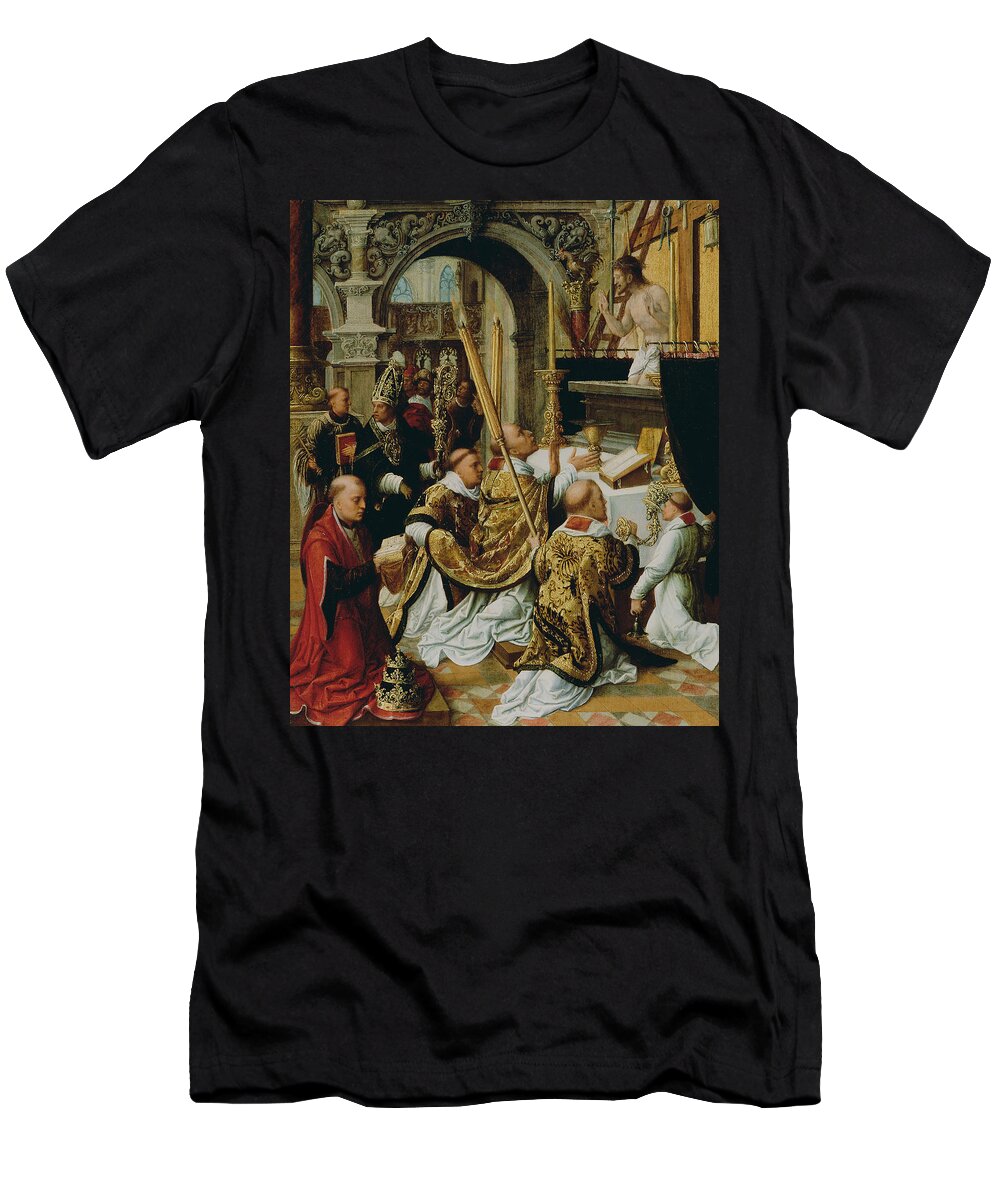 16th Century Art T-Shirt featuring the painting The Mass of Saint Gregory the Great by Adriaen Isenbrandt