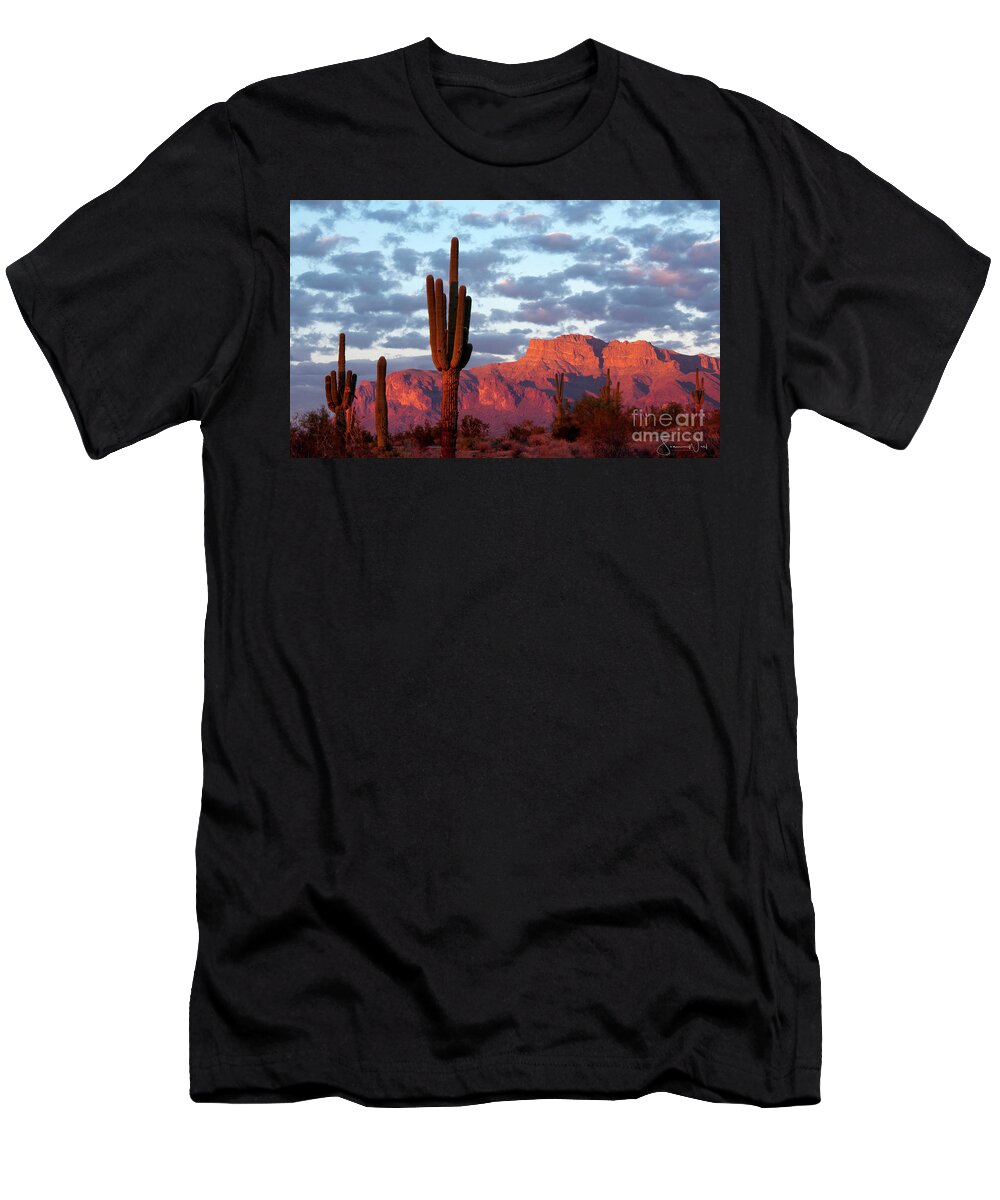 Superstition Mountains T-Shirt featuring the photograph The Mountain is Pink Time to Drink, Superstitions AZ by Joanne West