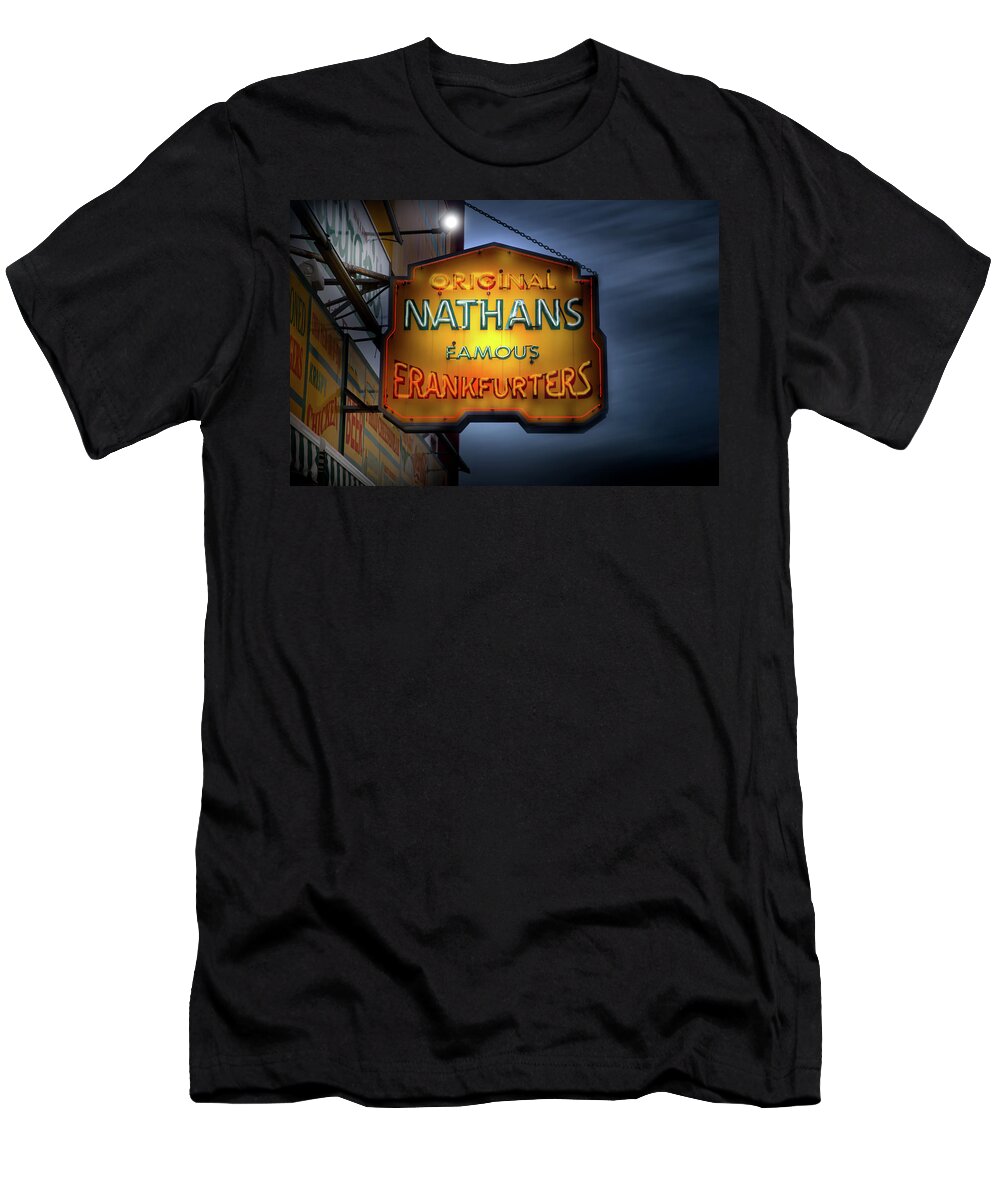 New York T-Shirt featuring the photograph The Original Nathan's Hotdogs at Coney island by Mark Andrew Thomas