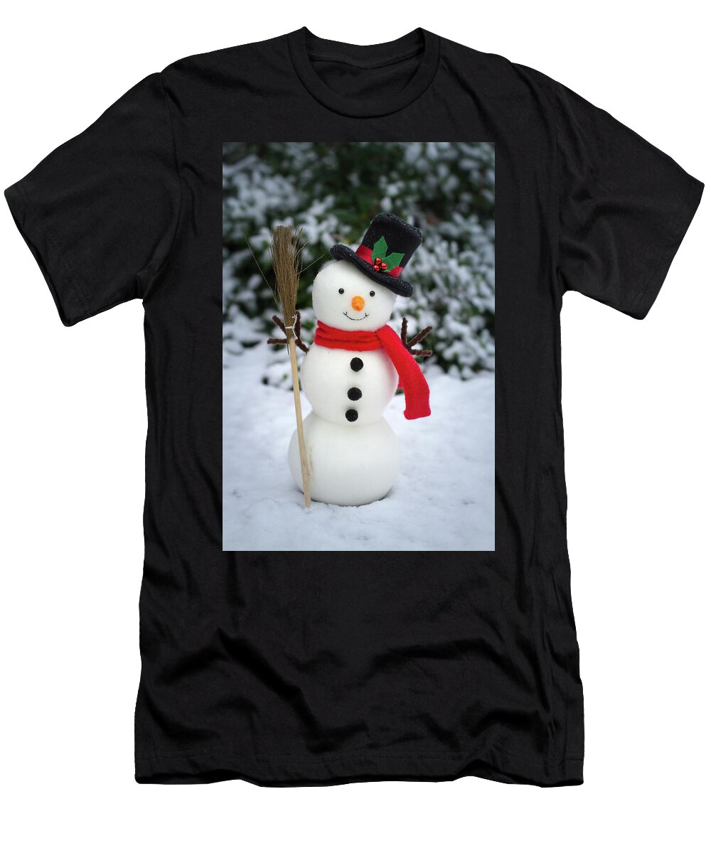 Broom T-Shirt featuring the photograph The snowman on snowy ground by William Lee