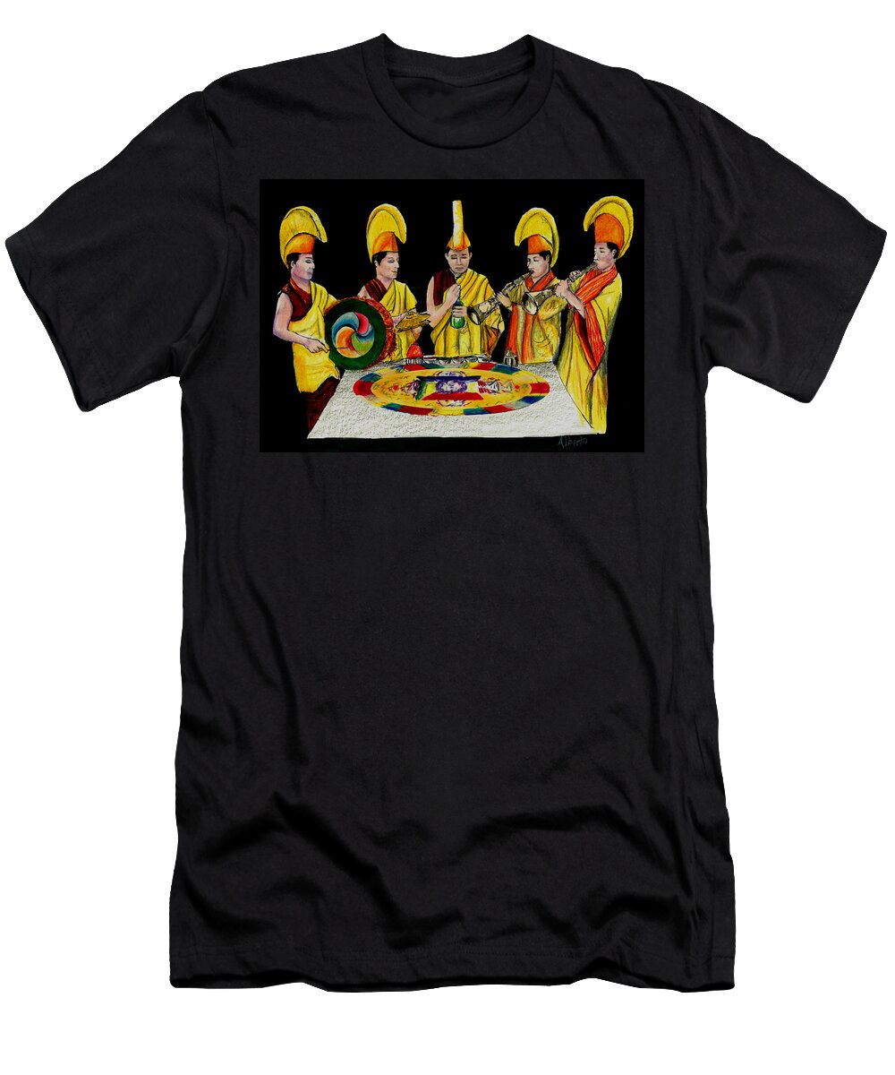 Tibet T-Shirt featuring the drawing The Tibetan Monks at Lilydale Assembly by Albert Puskaric