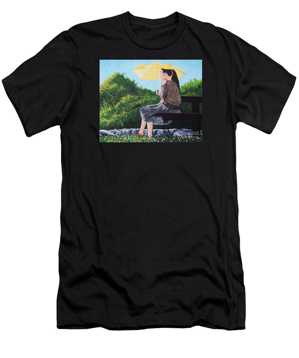 Park Scenes T-Shirt featuring the painting The Yellow Umbrella by Reb Frost