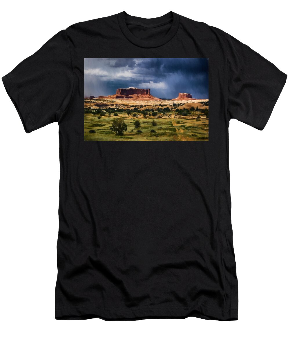 Canyonlands T-Shirt featuring the digital art Thunderstorms Approach a Mesa by John Haldane