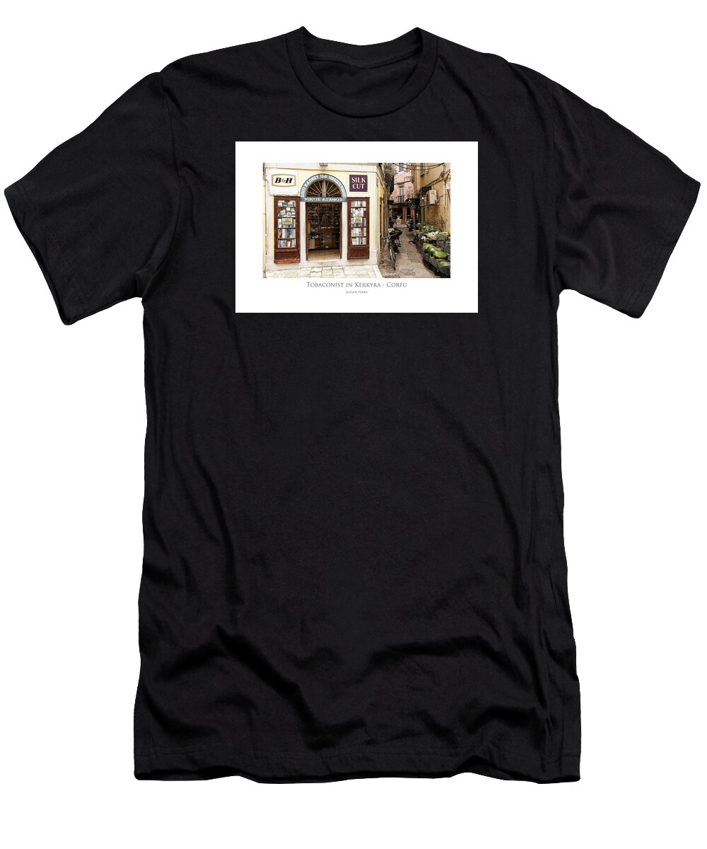 Corfu Town T-Shirt featuring the digital art Tobaconist in Kerkyra - Corfu by Julian Perry