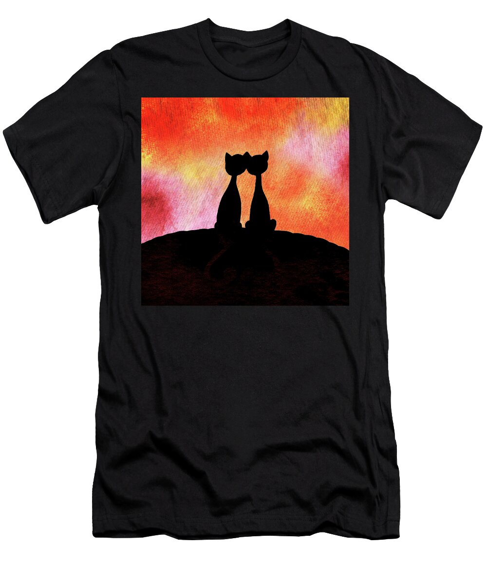Cat T-Shirt featuring the painting Two Cats And Sunset Silhouette by Irina Sztukowski