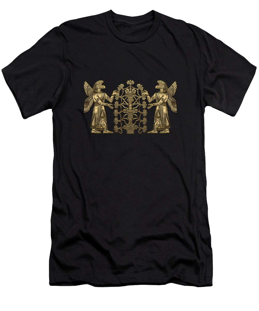 ‘treasures Of Mesopotamia’ Collection By Serge Averbukh T-Shirt featuring the digital art Two Instances of Gold God Ninurta with Tree of Life over Black Canvas by Serge Averbukh