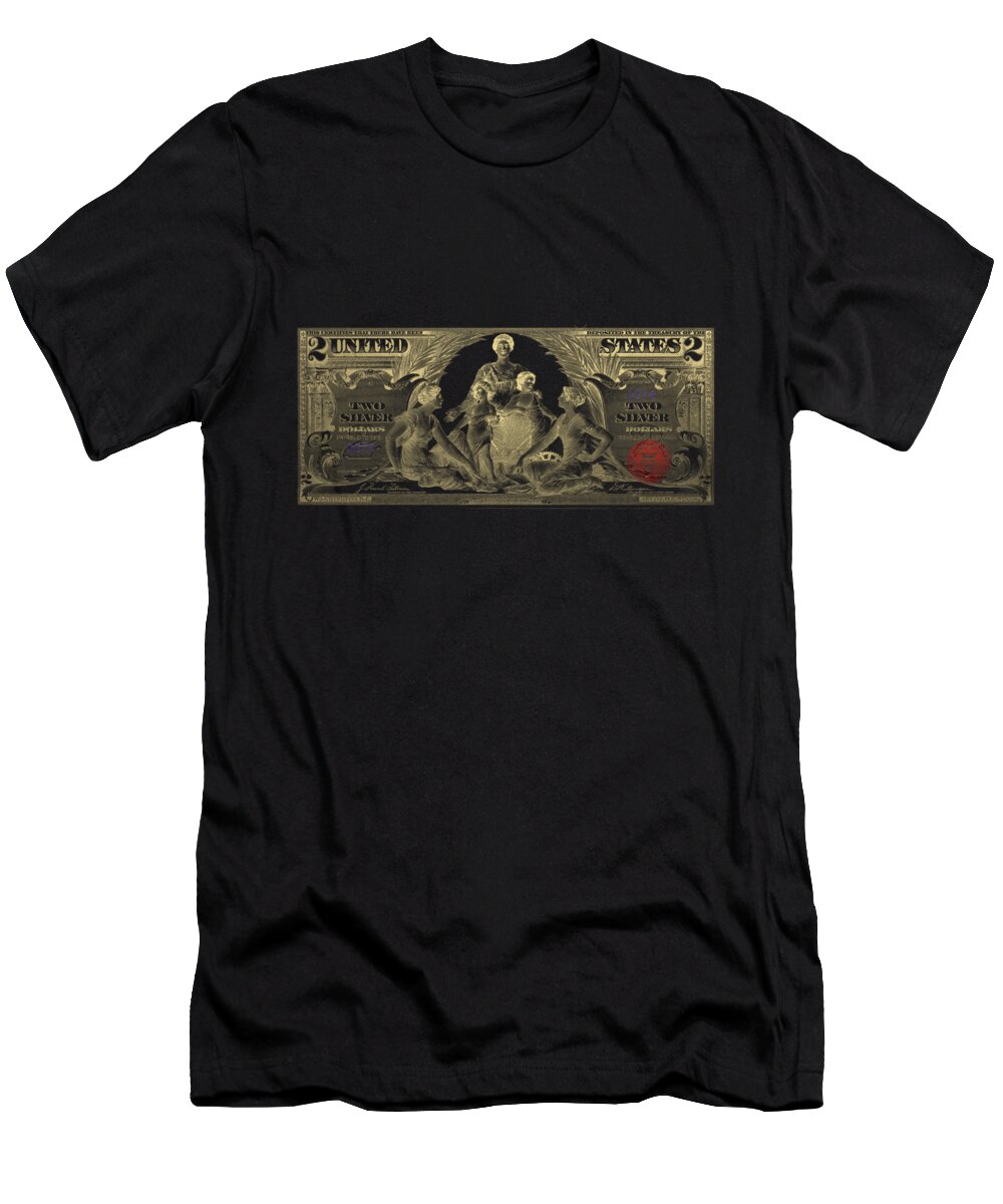 'paper Currency' By Serge Averbukh T-Shirt featuring the photograph Two U.S. Dollar Bill - 1896 Educational Series in Gold on Black by Serge Averbukh