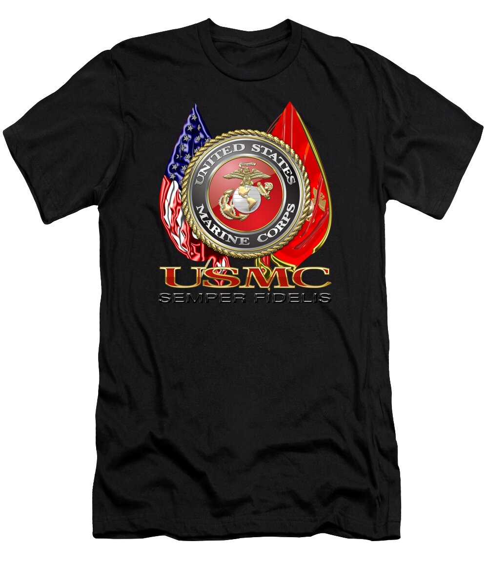 'military Insignia & Heraldry 3d' Collection By Serge Averbukh T-Shirt featuring the digital art U. S. Marine Corps U S M C Emblem on Black by Serge Averbukh