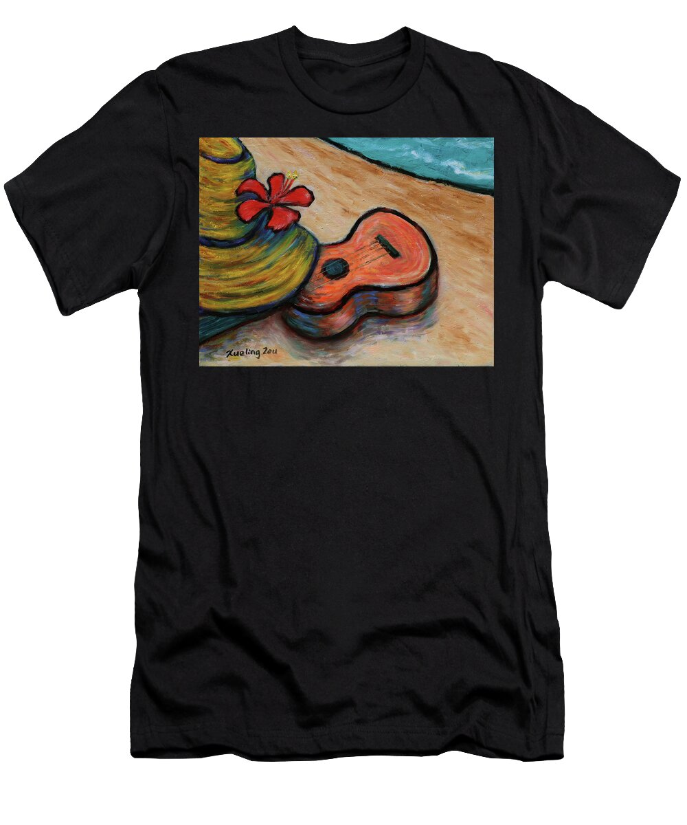 Hawaii T-Shirt featuring the painting Ukulele and Hibiscus Flower on a Hawaii Beach by Xueling Zou