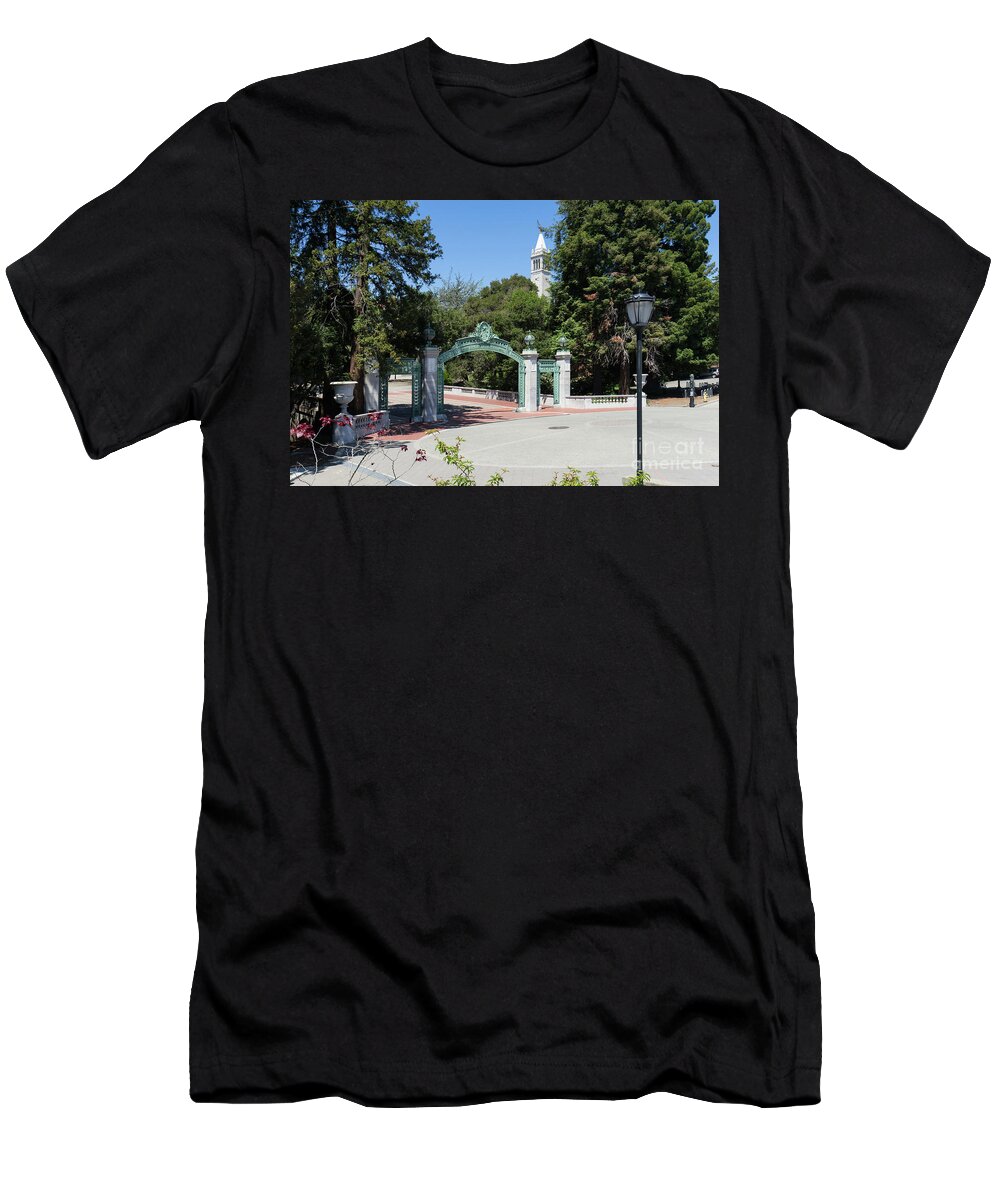 Wingsdomain T-Shirt featuring the photograph University of California at Berkeley Sproul Plaza Sather Gate and Sather Tower Campanile DSC6261 by Wingsdomain Art and Photography