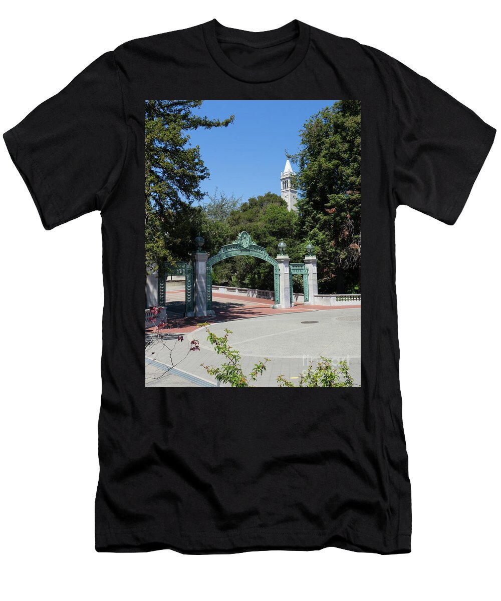 Wingsdomain T-Shirt featuring the photograph University of California at Berkeley Sproul Plaza Sather Gate and Sather Tower Campanile DSC6262 by Wingsdomain Art and Photography