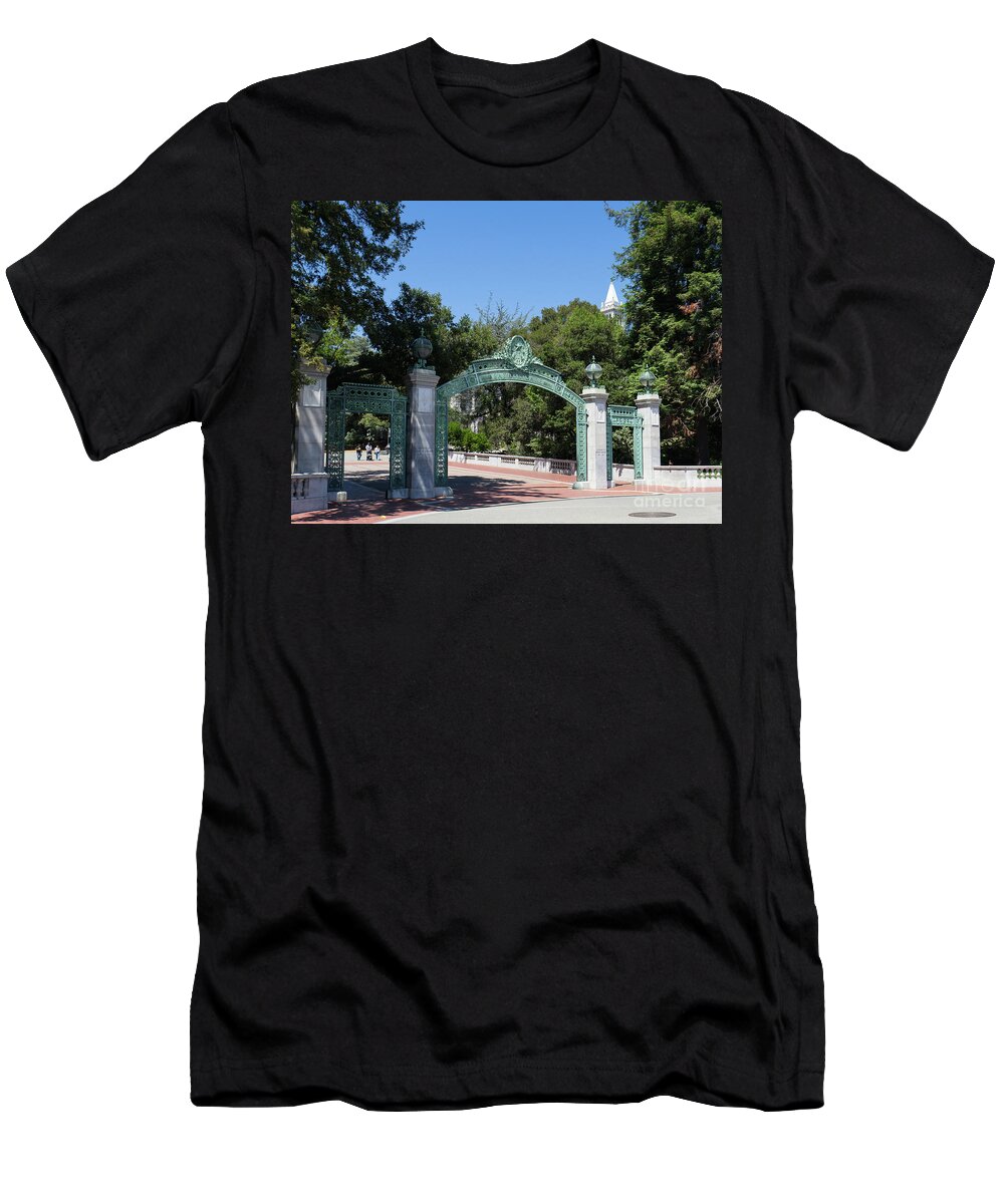 Wingsdomain T-Shirt featuring the photograph University of California at Berkeley Sproul Plaza Sather Gate and Sather Tower Campanile DSC6271 by Wingsdomain Art and Photography