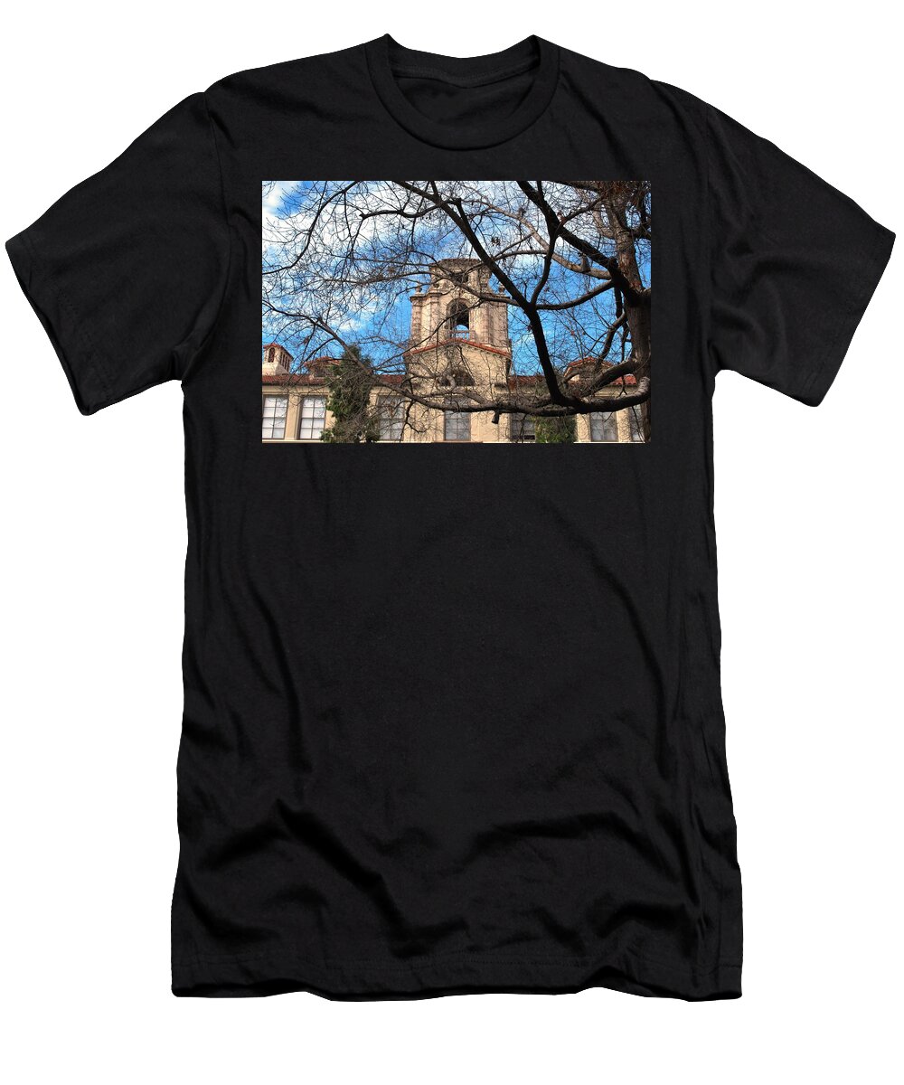 City T-Shirt featuring the photograph University Tower Mason Hall - Pomona College - Framed by Trees by Matt Quest