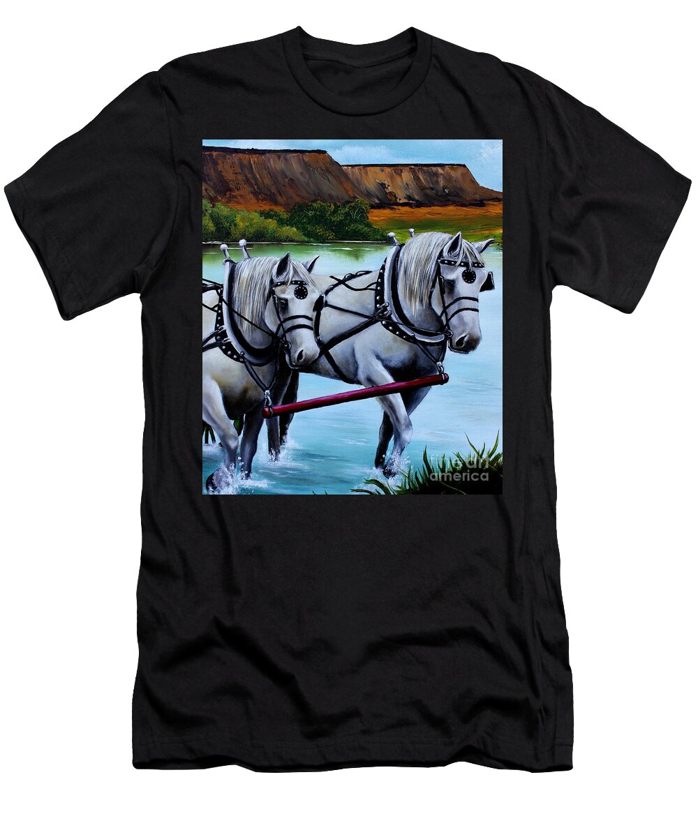 Horses T-Shirt featuring the painting Up Close Of Wagon Team by Pechez Sepehri