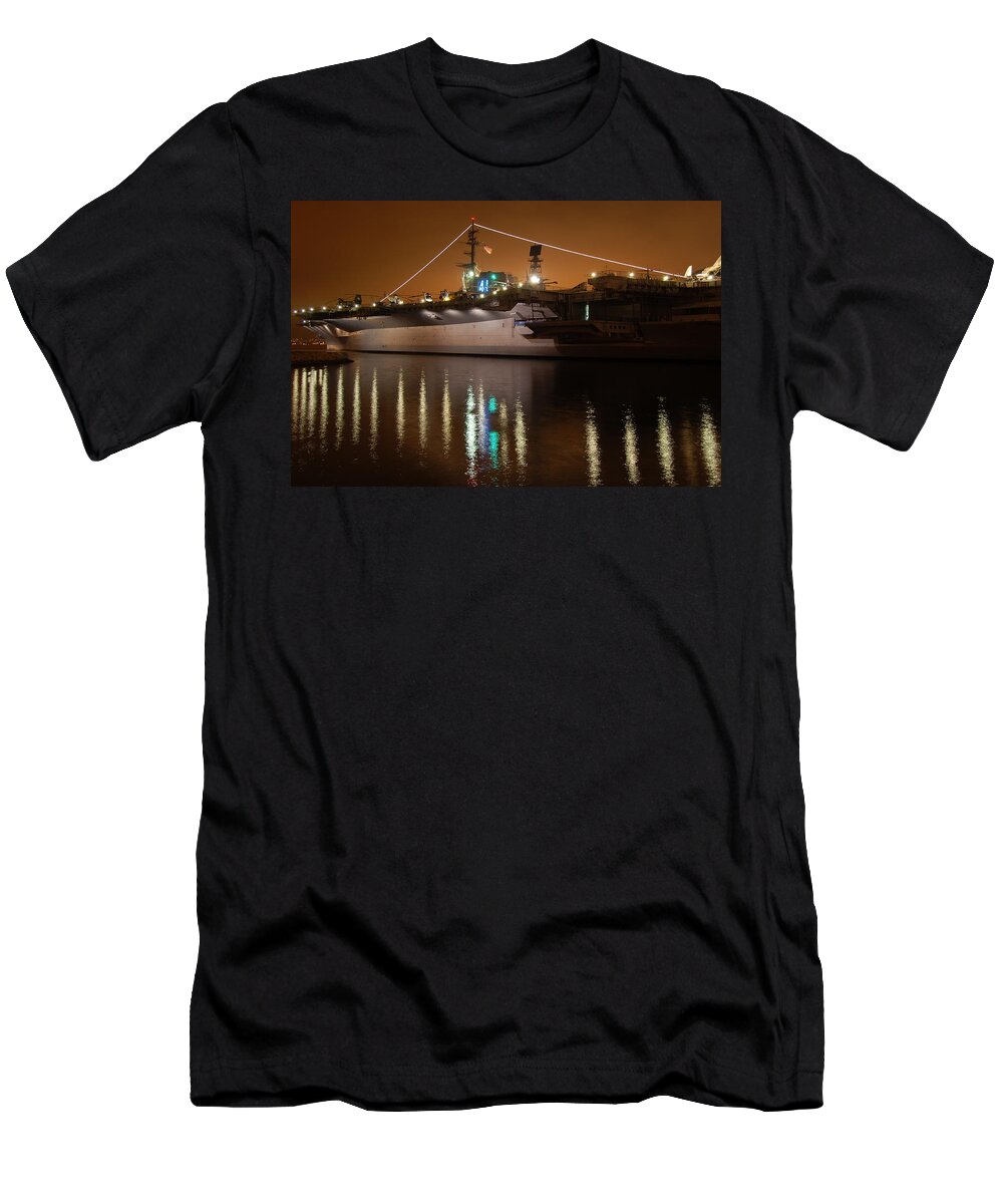 Uss Midway Landscape Night Photography Military Patriotic Long Exposure T-Shirt featuring the photograph USS Midway by Kelly Wade
