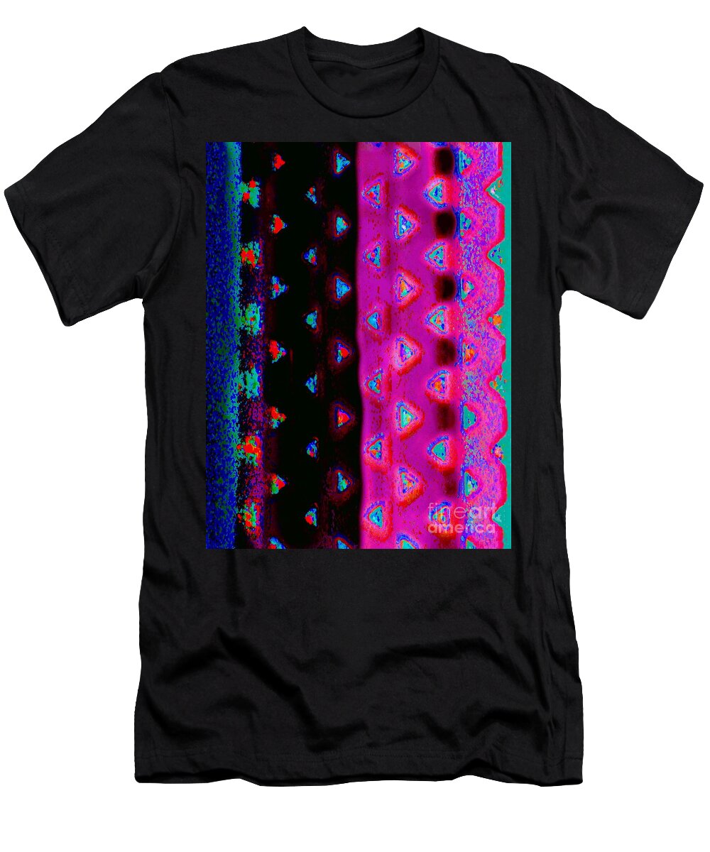 Contemporary Digital Art( Redundant Eh ?) Photo Manipulation. Colorful Stripes Speckled With Colorful Triangles T-Shirt featuring the digital art Vent Lace by Priscilla Batzell Expressionist Art Studio Gallery