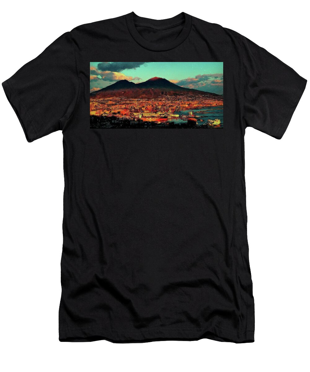 Gulf Of Naples T-Shirt featuring the painting Vesuvio, panorama from Naples - 01 by AM FineArtPrints