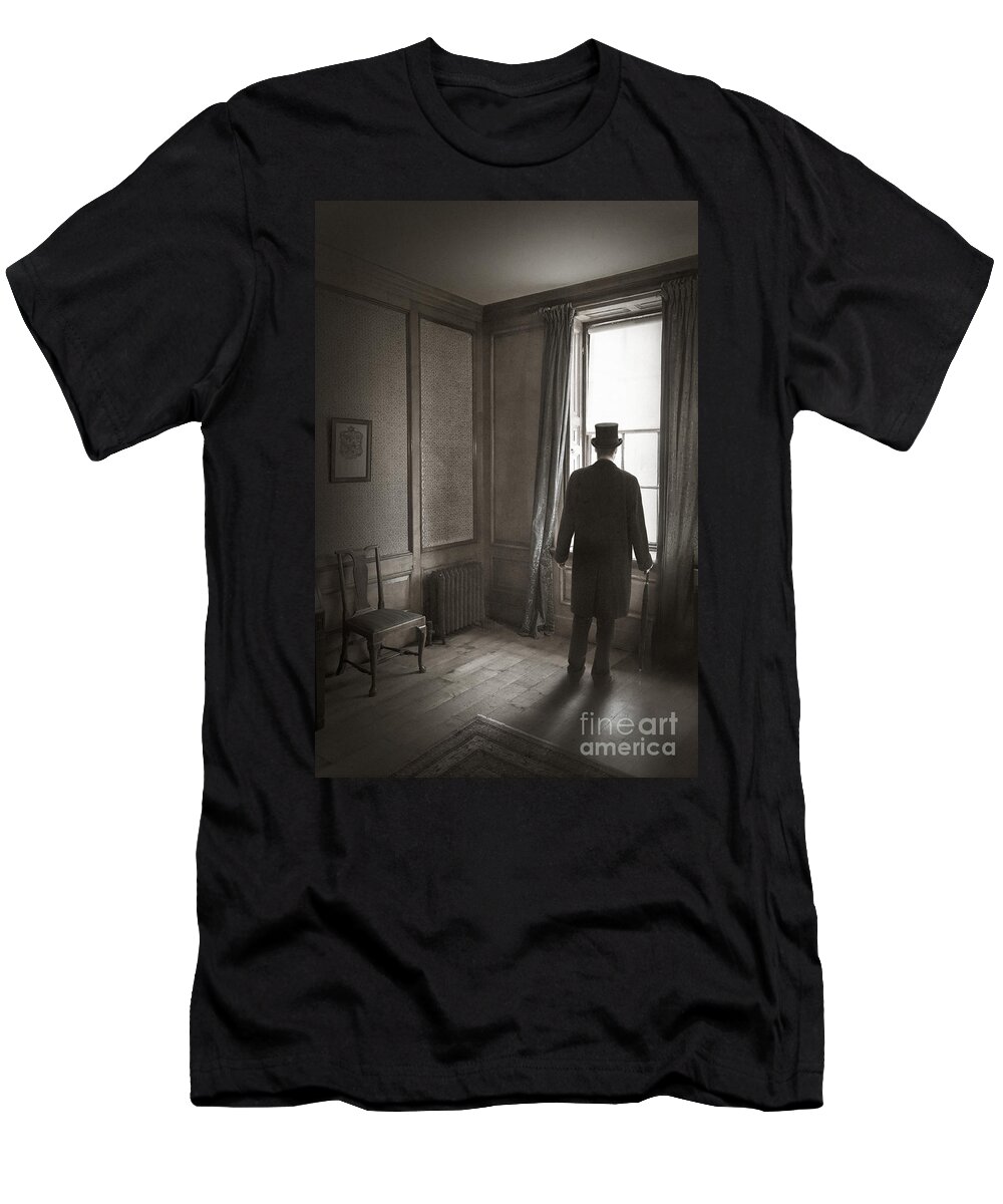 Man T-Shirt featuring the photograph Victorian Or Edwardian Man With Top Hat Looking Out Of A Window by Lee Avison