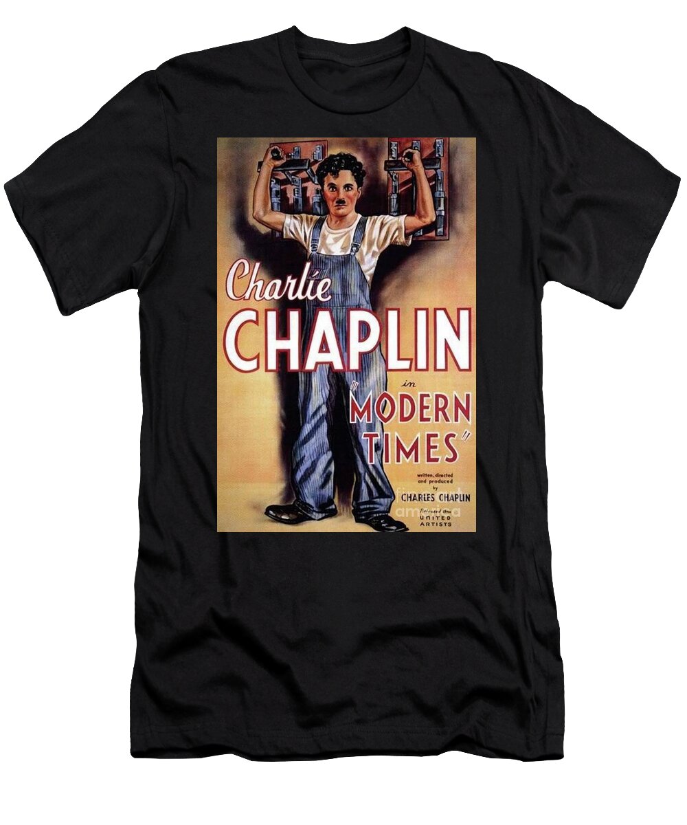 Moderntimes T-Shirt featuring the painting Vintage Classic Movie Posters, Modern Times, Charlie Chaplin by Esoterica Art Agency